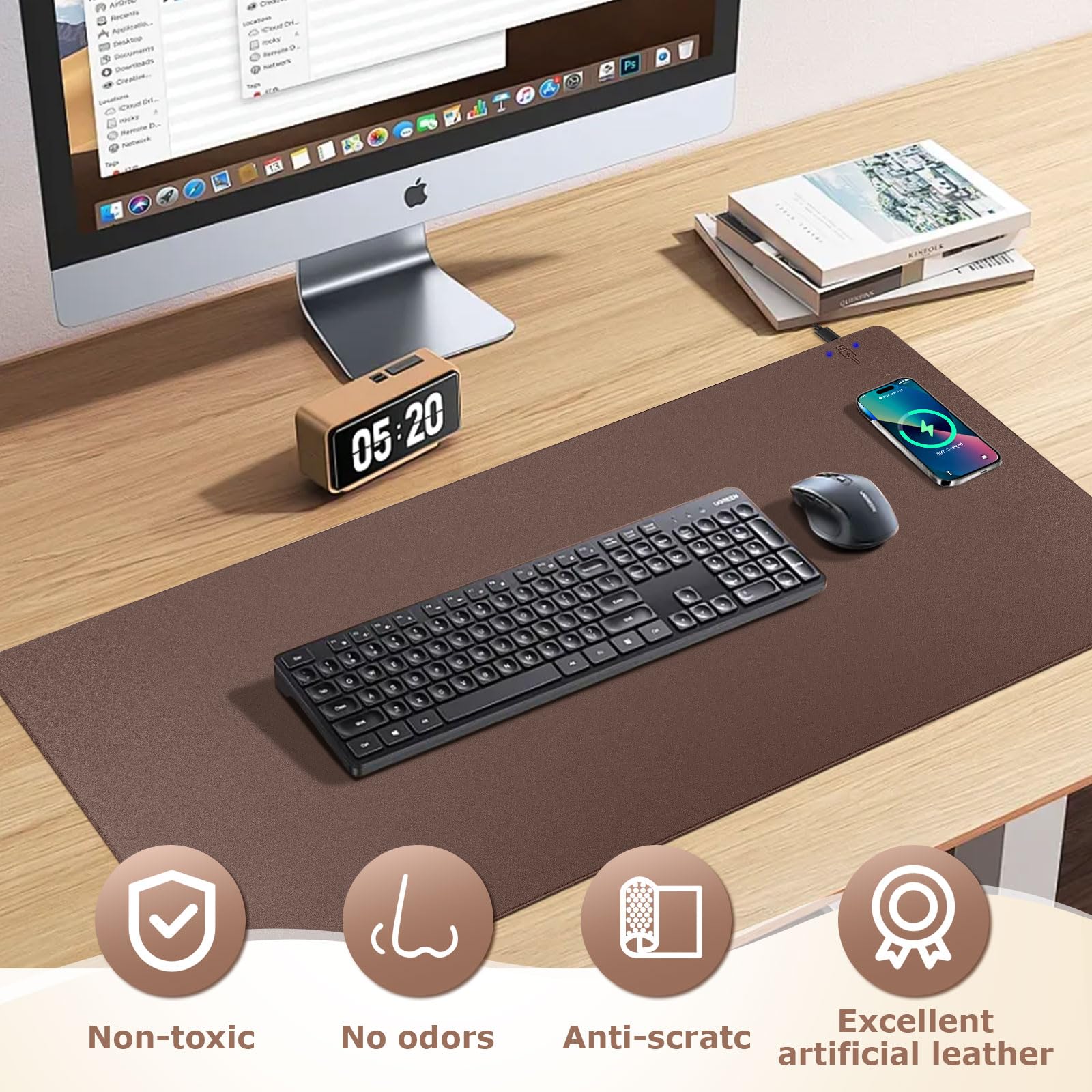 Firelison 2-in-1 Wireless Charging Mouse Pad - Leather Desk Mat with Non-Slip Rubber Base, Waterproof Office Desk Pad for Computer Work (32