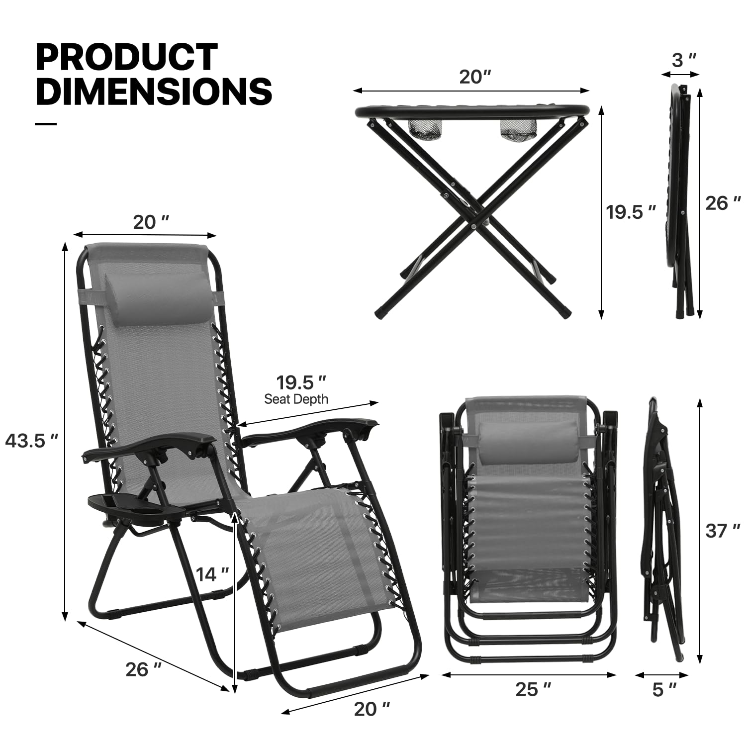 MoNiBloom 3-Piece Zero Gravity Lounge Chair Set - Adjustable Reclining Outdoor Chairs with Side Table, Pillow & Tray - 330lbs Capacity - Perfect for Pool, Patio, Beach, Backyard & Camping - Space Gray