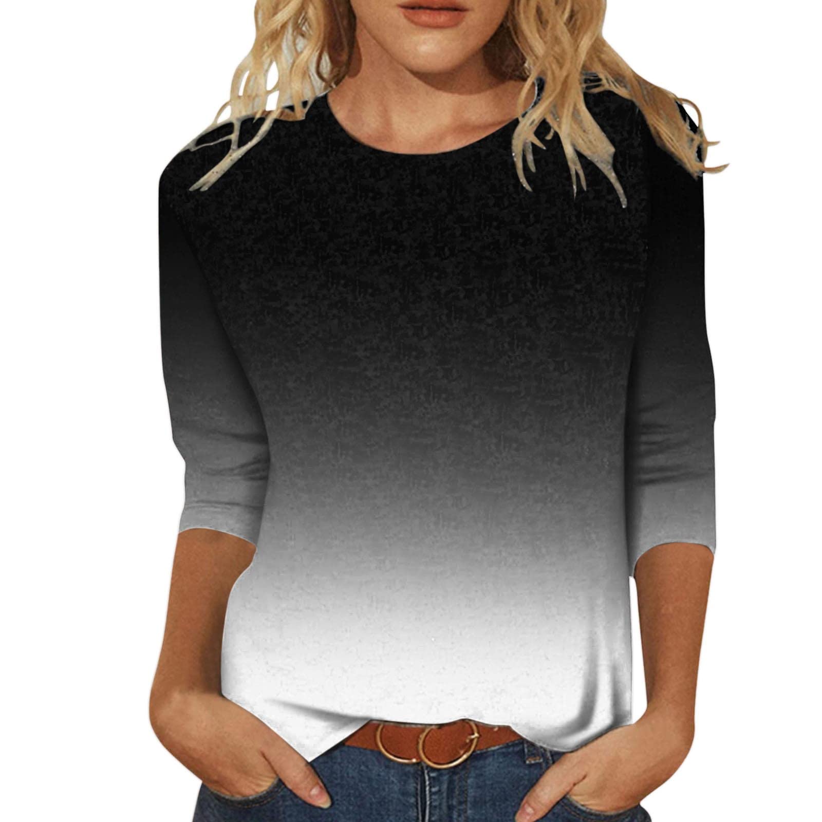 Women's Casual Gradient Print O-Neck Three-Quarter Sleeve T-Shirt - Red Fashion Tee for Everyday Wear, Weekend Outings & Summer Style