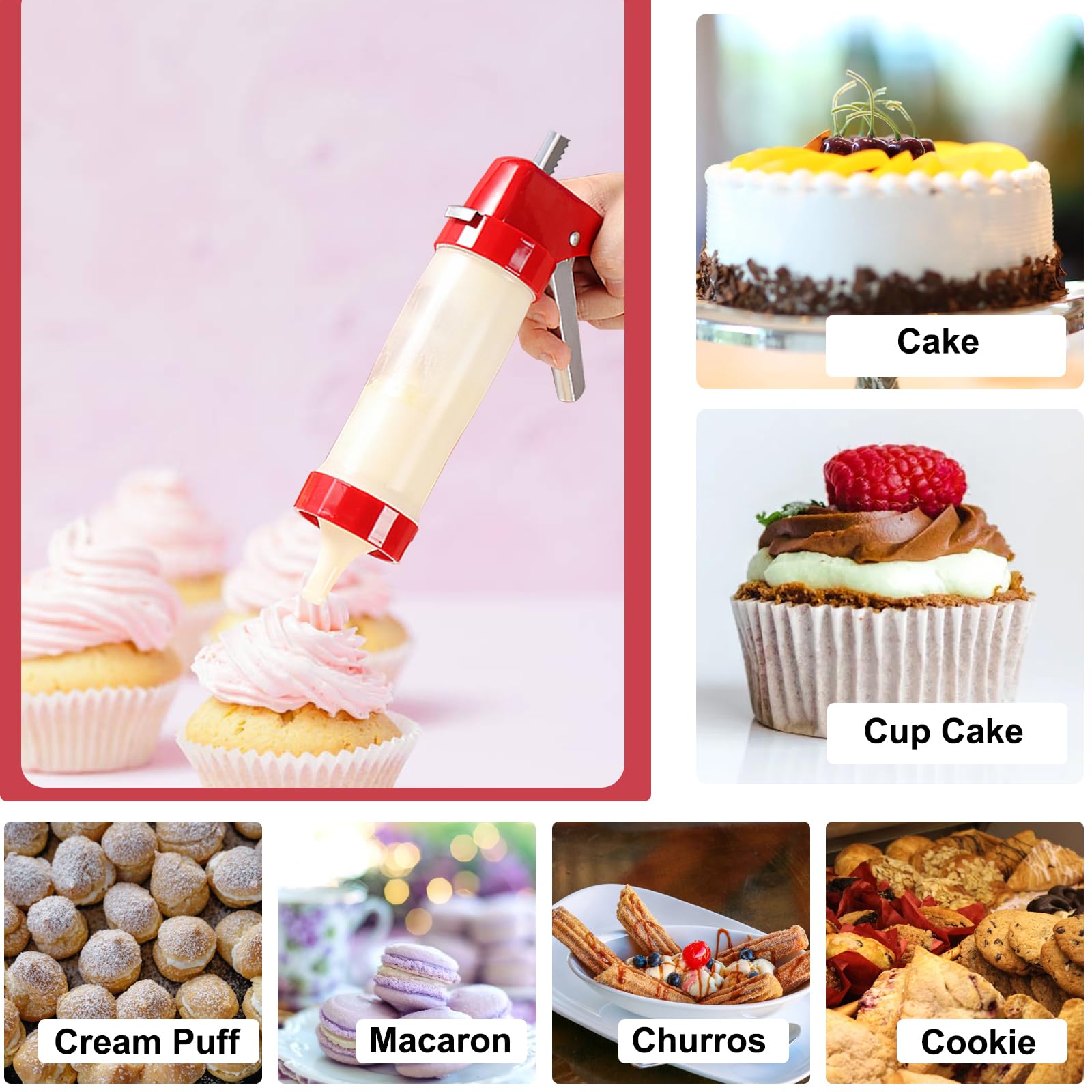 Premium Cookie Press for Baking - Spritz Cookie Maker with 6 Decorating Tips & 16 Discs - Thick Cookie Press Gun Kit for DIY Cookies, Cakes, Pastries - Perfect for Holiday Baking & Party Dessert Decorating (Red)