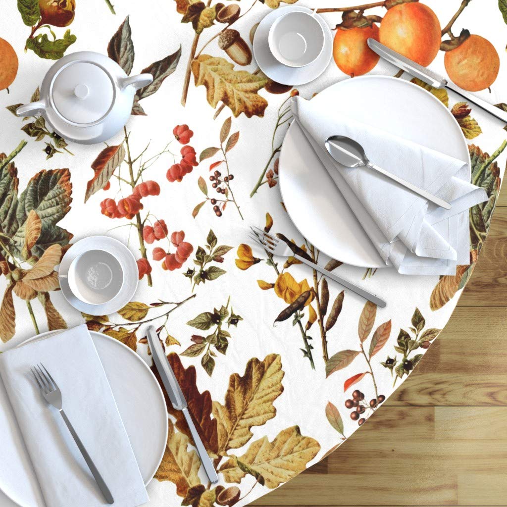 Vintage Botanical Autumn Floral Printed Cotton Sateen Tablecloth - 90 Inch Round Thanksgiving Table Linens with Fall Leaves Nature Design | Perfect for Holiday Dinners, Autumn Decor & Seasonal Table Settings