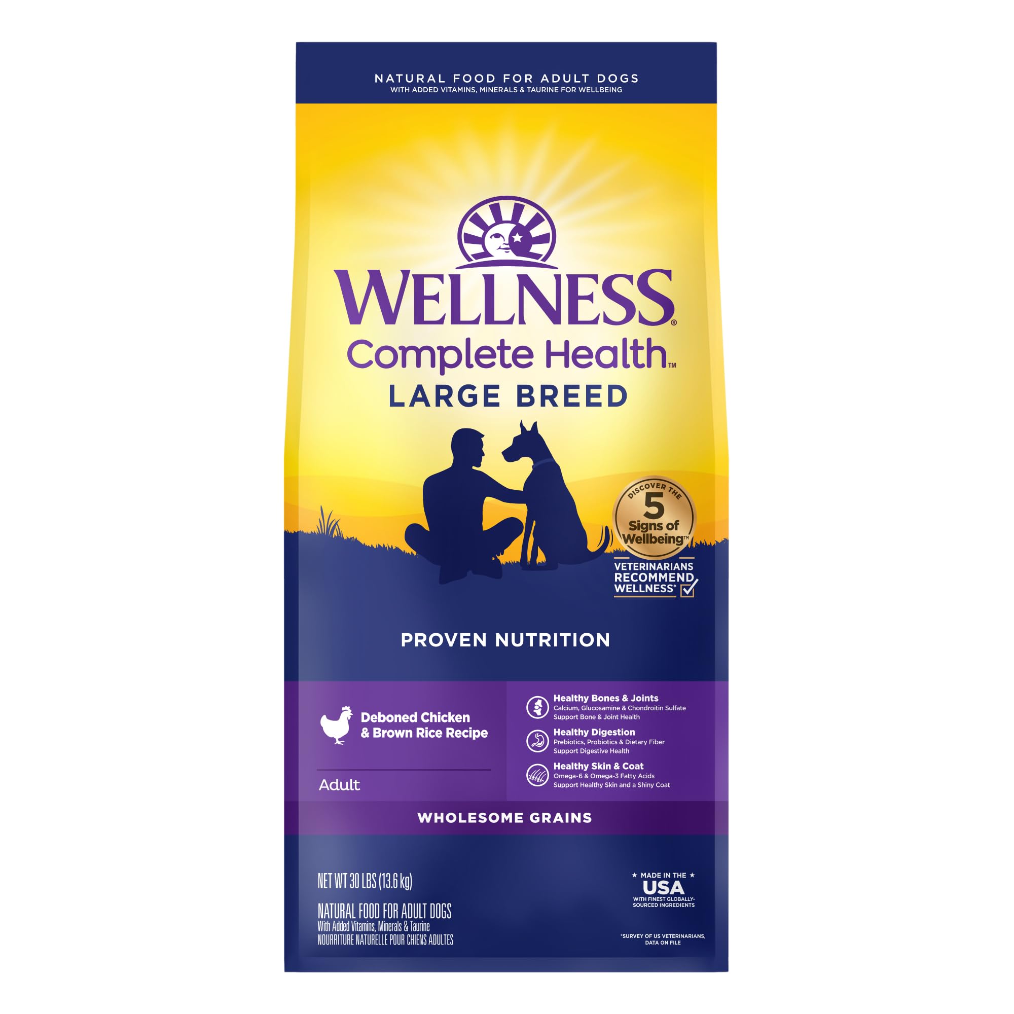 Wellness Complete Health Natural Dry Dog Food for Large Breeds - Chicken & Brown Rice Recipe with Wholesome Grains (30 lb Bag) | High Protein Adult Dog Food for Joint Health & Digestion | Perfect for Active Dogs & Daily Nutrition