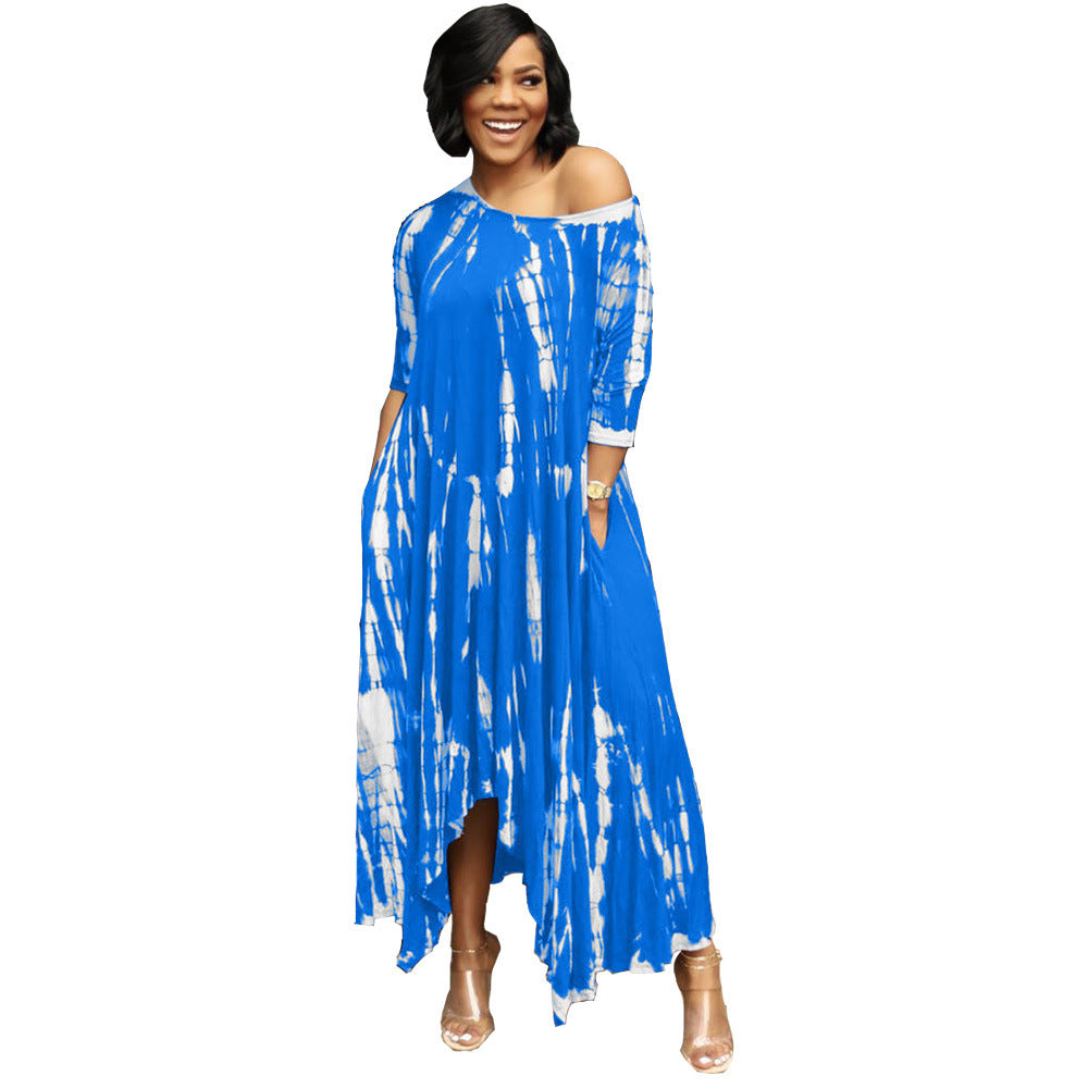Long Slit Skirt Wide Neck Tie Dye Dress - Boho Chic Summer Maxi Dress for Beach Vacation & Music Festivals