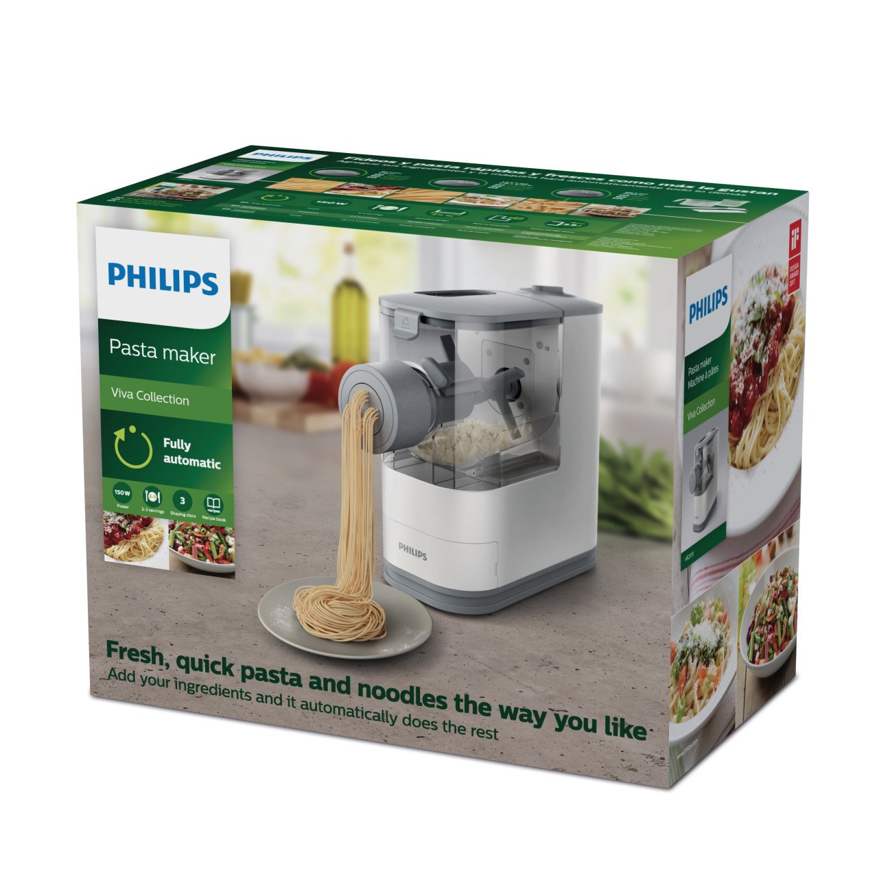Philips Viva Collection HR2370/05 Compact Automatic Pasta and Noodle Maker Machine with 3 Classic Shaping Discs & Recipe Book - Perfect for Homemade Italian Pasta, Asian Noodles & Family Cooking - Small White Kitchen Appliance for Home Chefs