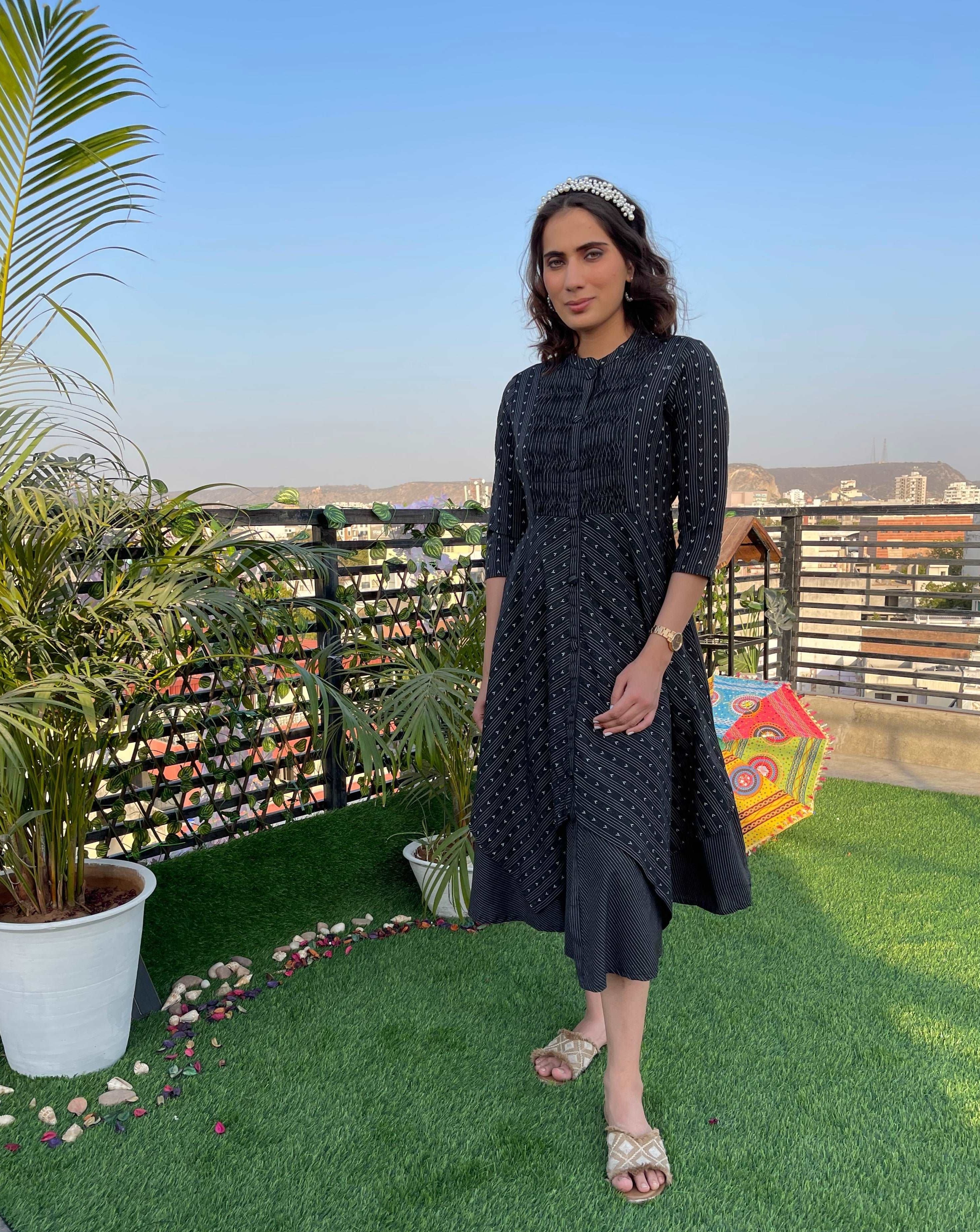 Elegant Black Cotton A-Line Dress for Women - Casual & Party Wear - Perfect for Office, Date Night & Special Occasions