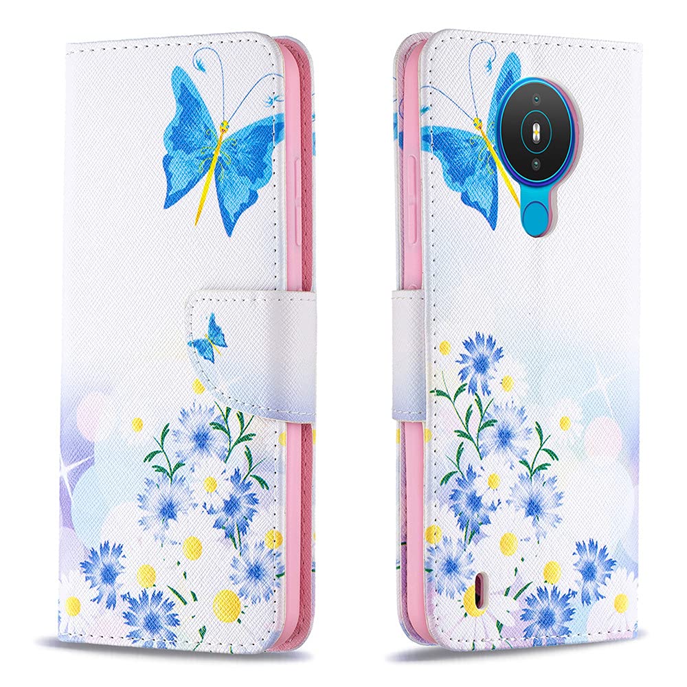 LEMAXELERS Nokia 1.4 Case - Slim Wallet Phone Cover with Card Holder & Kickstand | Premium PU Leather Shockproof Protective Case for Nokia 1.4 | Perfect for Everyday Use, Travel & Business (Small Daisy BF)