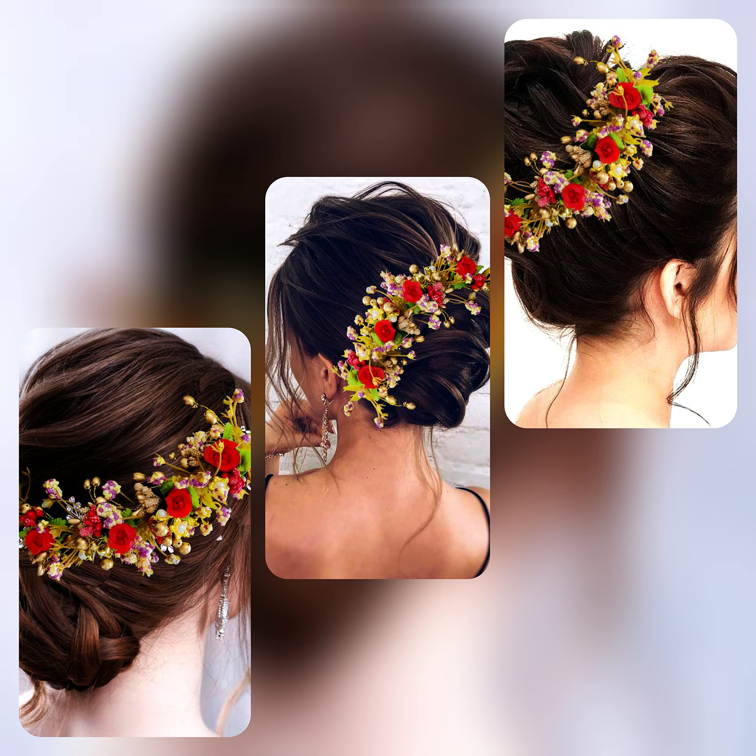 Elegant Floral Hair Vine with Leaves, Beads & Pearls - Women's Hair Accessories for Weddings, Prom & Special Occasions - Red Juda Bun Pin (2300)