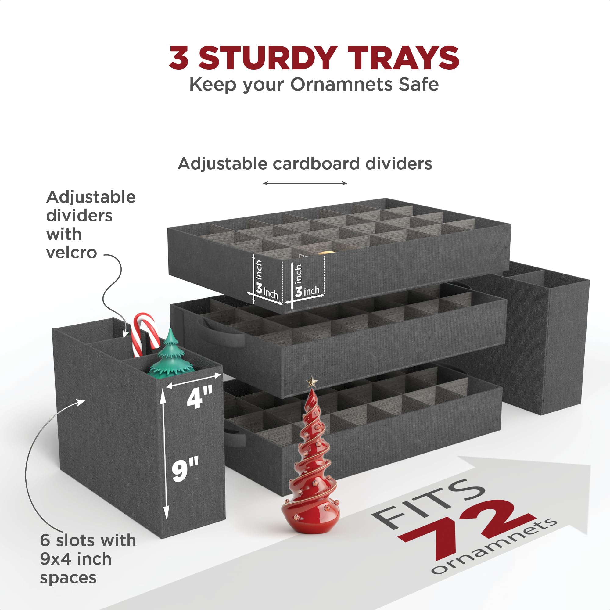 Premium Christmas Ornament Storage Box - 72 Ornaments & 6 Side Slots - Durable 600D Canvas - Perfect for Holiday Decor Organization