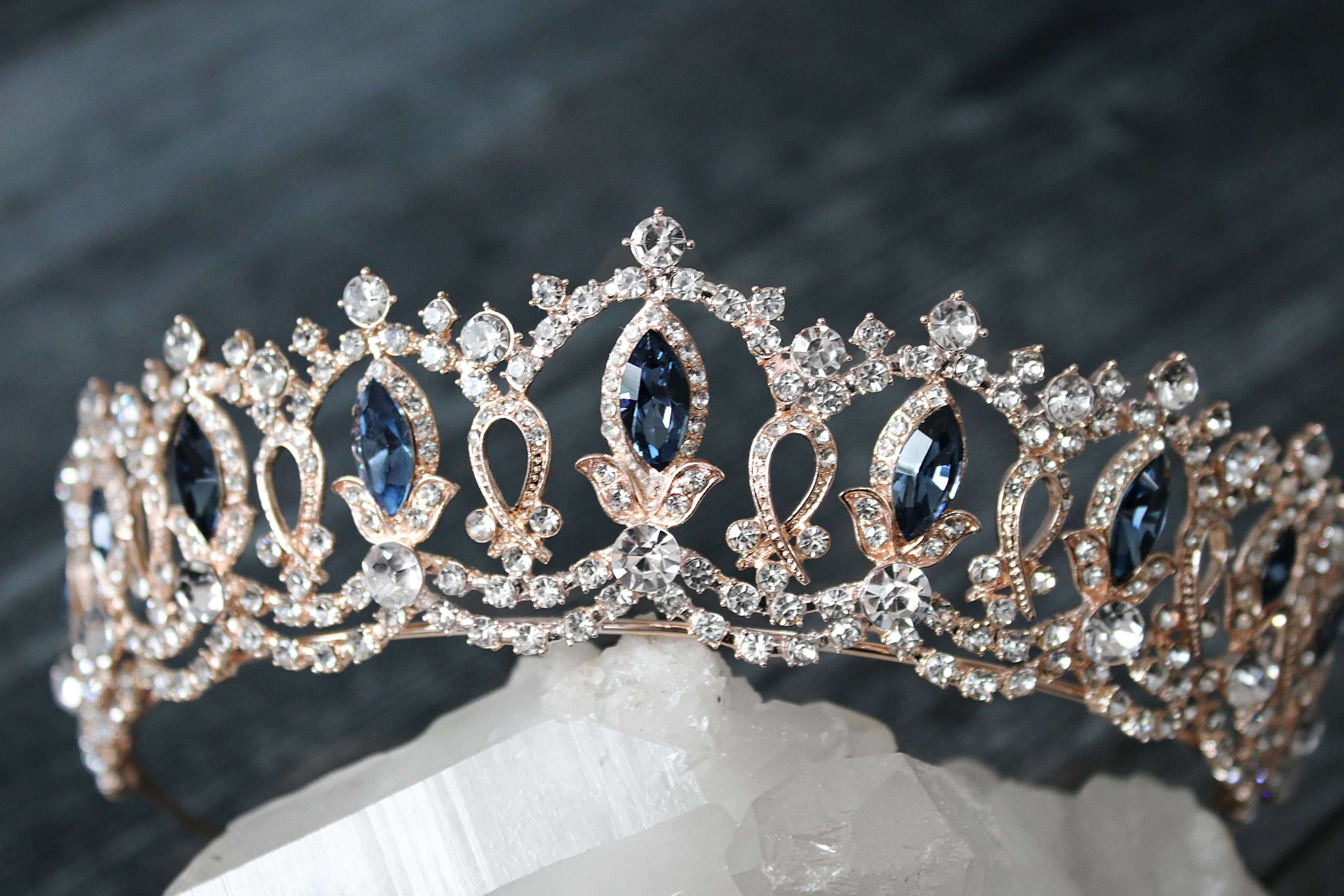 GRAND SERENA Rose Gold Tiara with Colored Accent Stones - Elegant Bridal Crown for Weddings, Prom, Pageants & Special Occasions