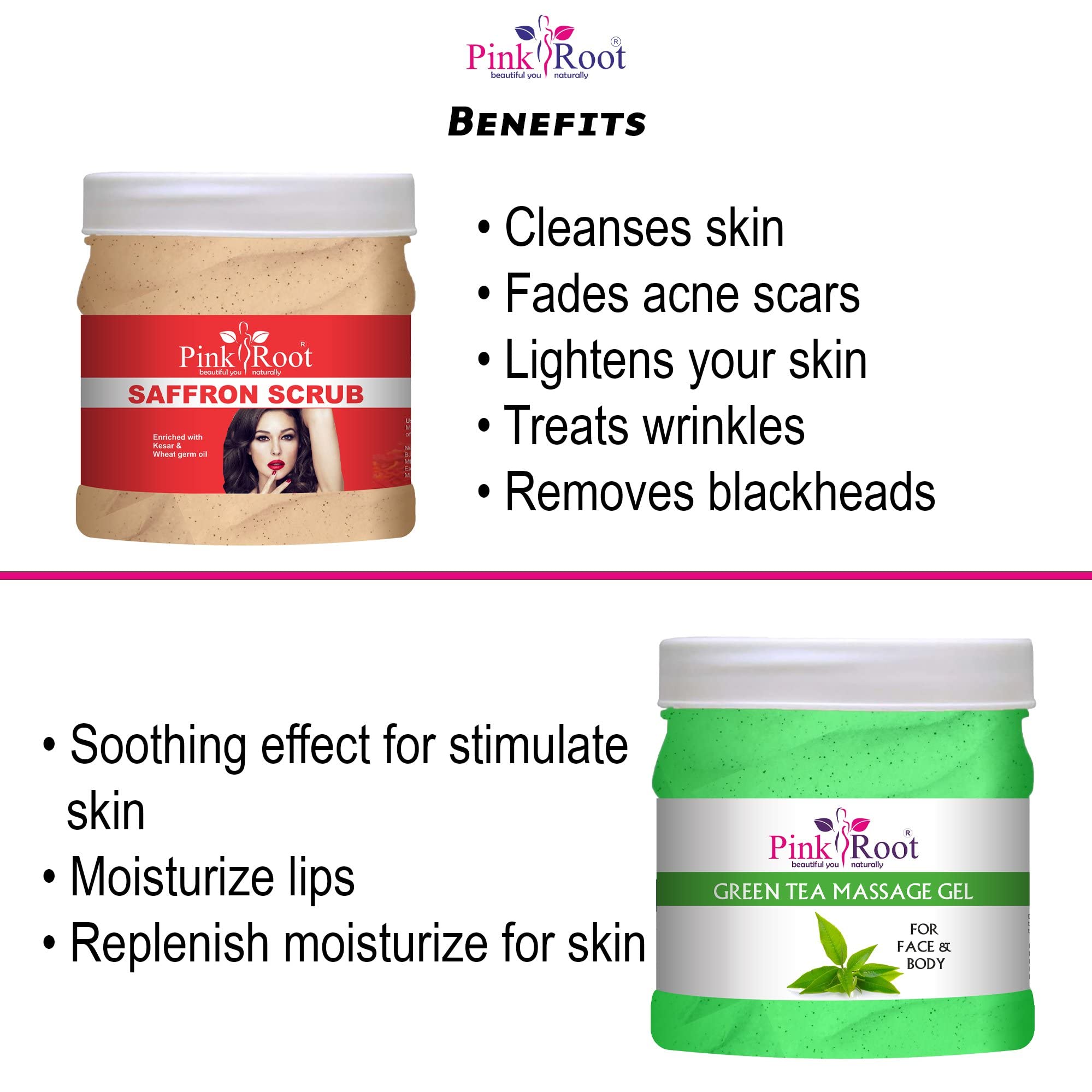 **Pink Root Green Tea Massage Gel & Saffron Scrub Set - 500ml Each | Natural Skincare for Relaxation & Exfoliation | Perfect for Spa, Home Use & Gift Giving**