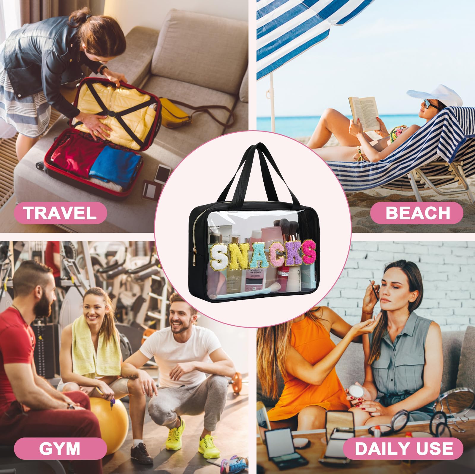 Yowivon Large Waterproof Clear Tote Bag with Zipper & Handle - Preppy Snack Bag for Travel, Beach, Camping, Business Trips, Sports & Stadium Events - Perfect for Snacks, Swim Gear & Essentials (Black, Large)