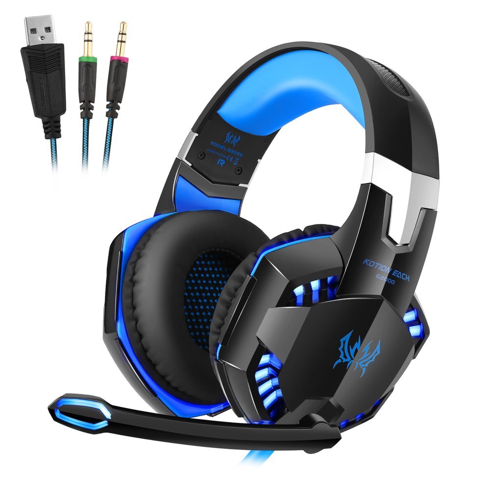 Premium PC Gaming Headset with Noise Cancelling Mic - 3.5mm Stereo Over-Ear Headphones for PC, Laptop & Mobile - LED Lights, USB Cable, Rotary Volume Control & Mic Mute - Perfect for Gaming, Streaming & Online Meetings (Black & Blue)