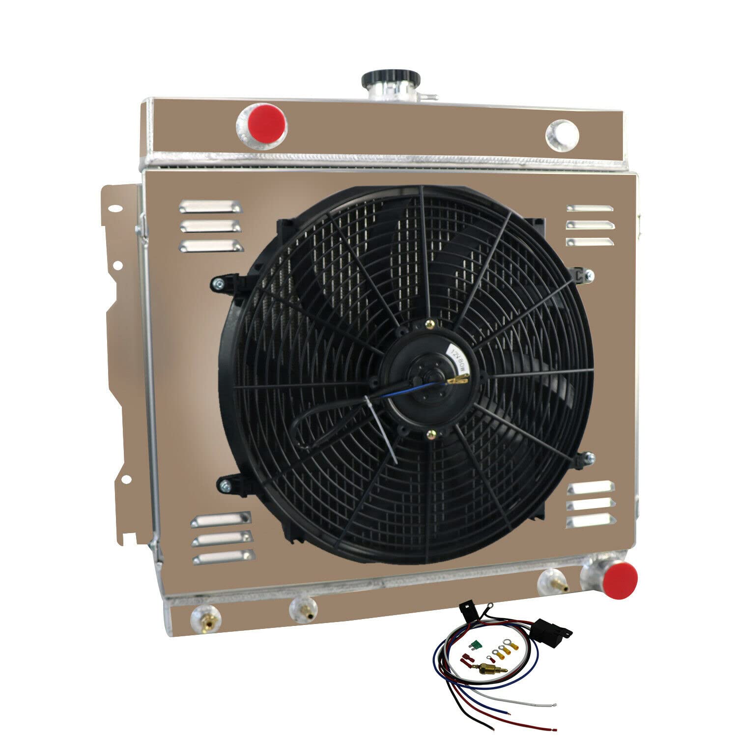 4 Row Aluminum Radiator for Dodge D100 D200 D300 B100 B200 B300 Van W100 W200 W300 Trucks (1970-1979) - Complete Cooling Kit with Shroud, Fan & Relay - Perfect for Restoration & Off-Road Use