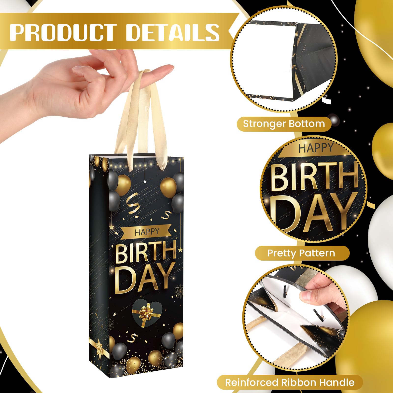 Elegant Gold & Black Wine Gift Bag with Tissue Paper & Handle - Perfect Birthday, Anniversary Party Favors & Decorations for Women & Men - Ideal for Wine Bottles, Liquor Gifts & Party Supplies