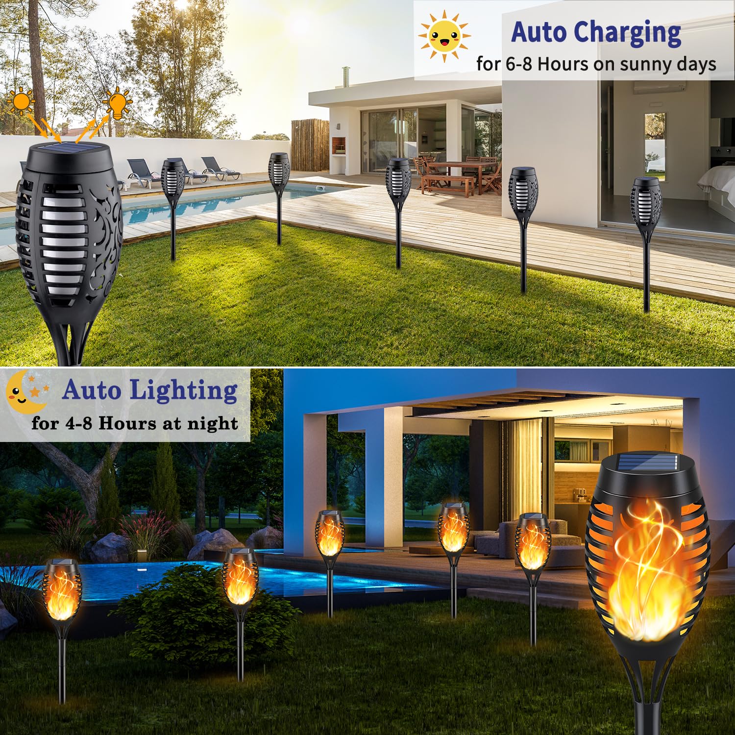 12 Pack Solar Torch Lights with Flickering Flame - Waterproof Outdoor Solar Lights for Yard, Garden, Patio Decor - Perfect for Backyard Parties, Pathway Lighting, and Outdoor Ambiance