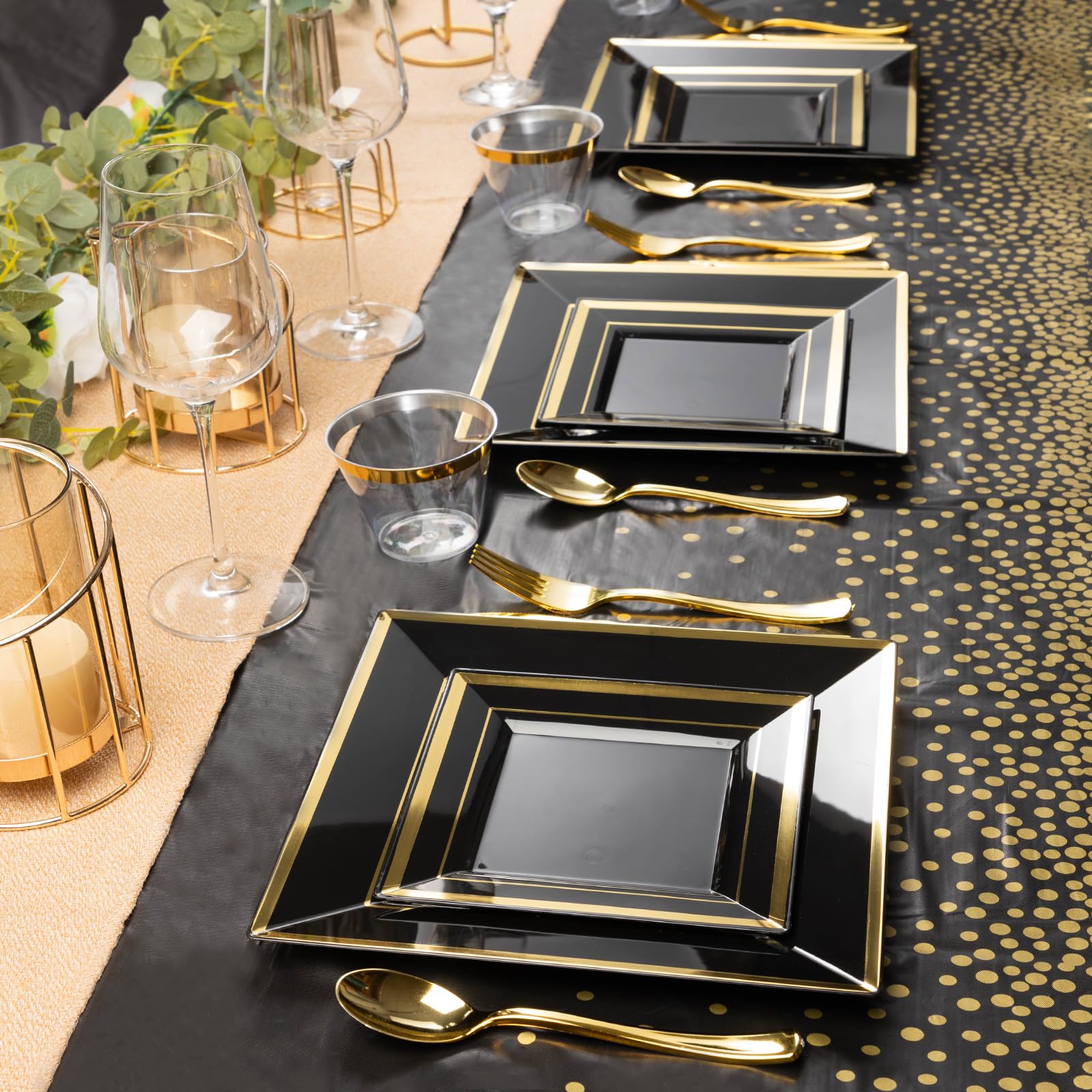 Goodluck 352-Piece Black Square Plastic Dinnerware Set with Gold Trim - Includes 100 Plates, 50 Cups, 50 Cutlery Sets, 50 Rolled Napkins & 2 Tablecloths - Perfect for Weddings, Parties, Catering & Large Gatherings (Serves 50 Guests)