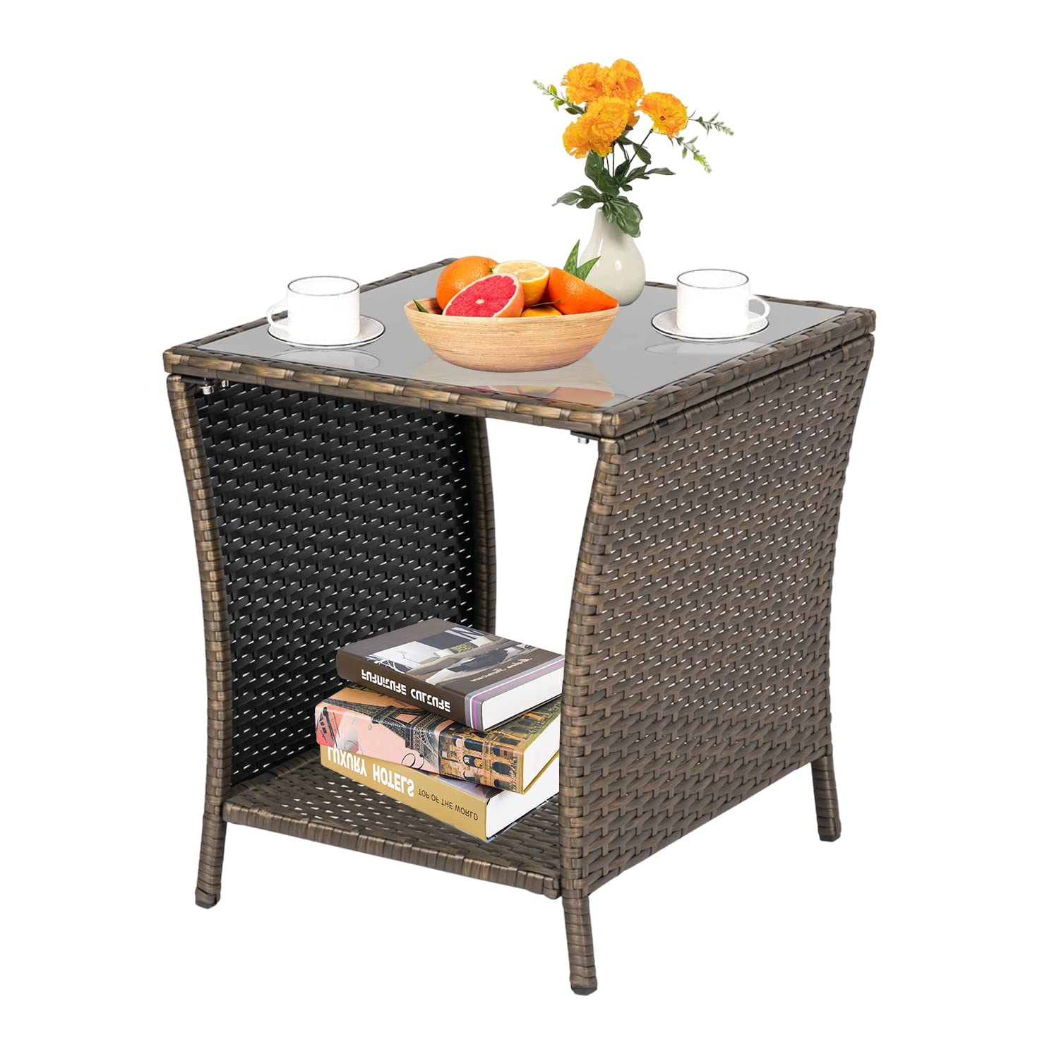 Outdoor PE Rattan Bistro Table with Iron Frame - Square Wicker Side Table with Glass Top for Patio, Garden, Poolside & Lawn - Dark Blonde Finish - Perfect for Outdoor Dining, Lounging & Entertaining