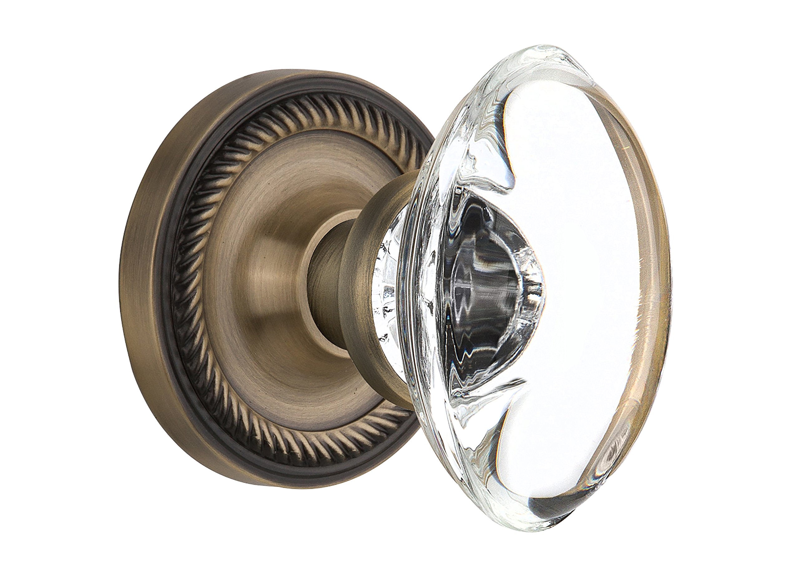 Vintage Antique Brass Rope Rosette with Oval Clear Crystal Glass Knob - Nostalgic Warehouse 711540 Double Dummy Door Hardware - Perfect for Victorian Home Restoration & Cabinet Door Decoration