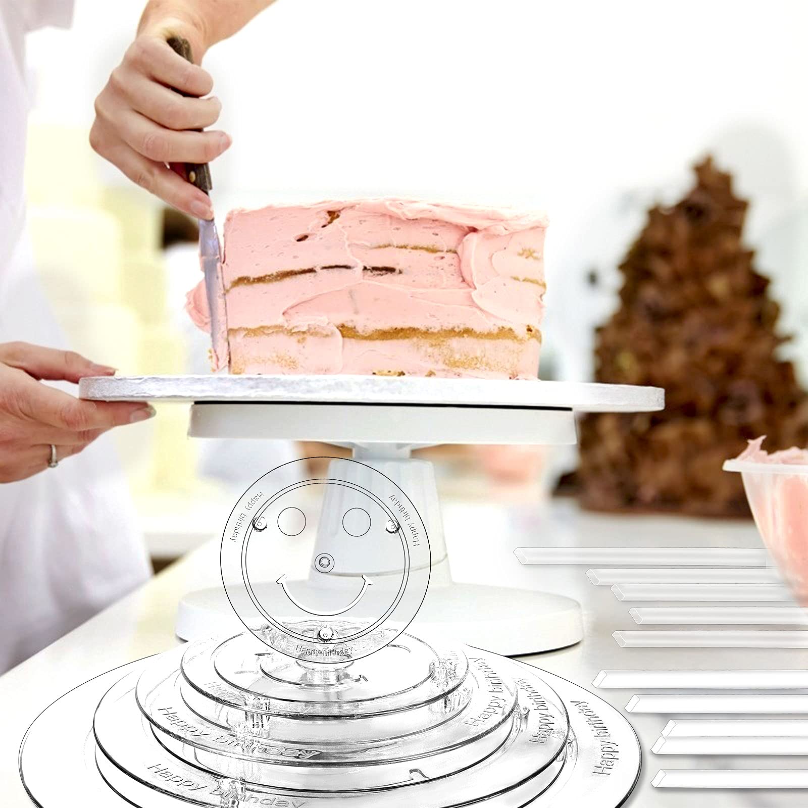 5 Tier Cake Separator Plates 35Pcs - Clear Cake Sticks, Support Dowel Rods & Stacking Pillars for 3-10 Inch Tiered Cakes - Sturdy Cake Stand Holder for Wedding, Birthday, Dessert Display & Party Decorations