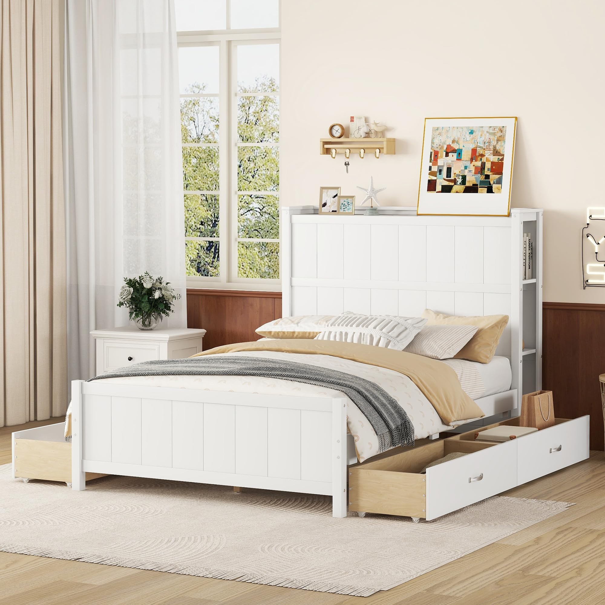 Modern Wood Storage Bed Frame with Headboard & 4 Drawers - Kids Teens Bedroom Furniture for Boys Girls