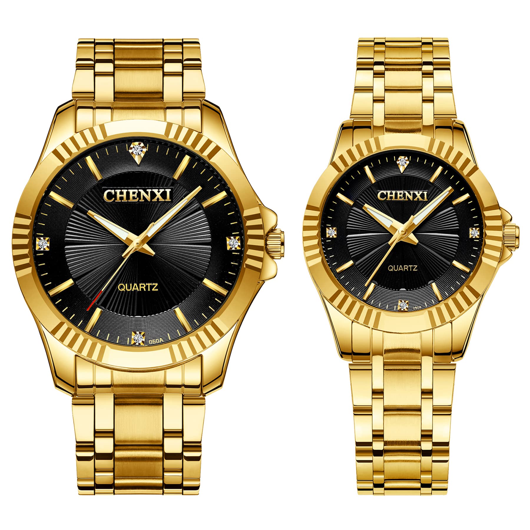 Luxury His and Her Couple Watches Set - Gold & Silver Tone Stainless Steel Quartz Calendar Wristwatch with Rhinestones | Anniversary, Wedding, Valentine's Day Gift for Couples | Perfect for Date Nights, Romantic Getaways & Special Occasions