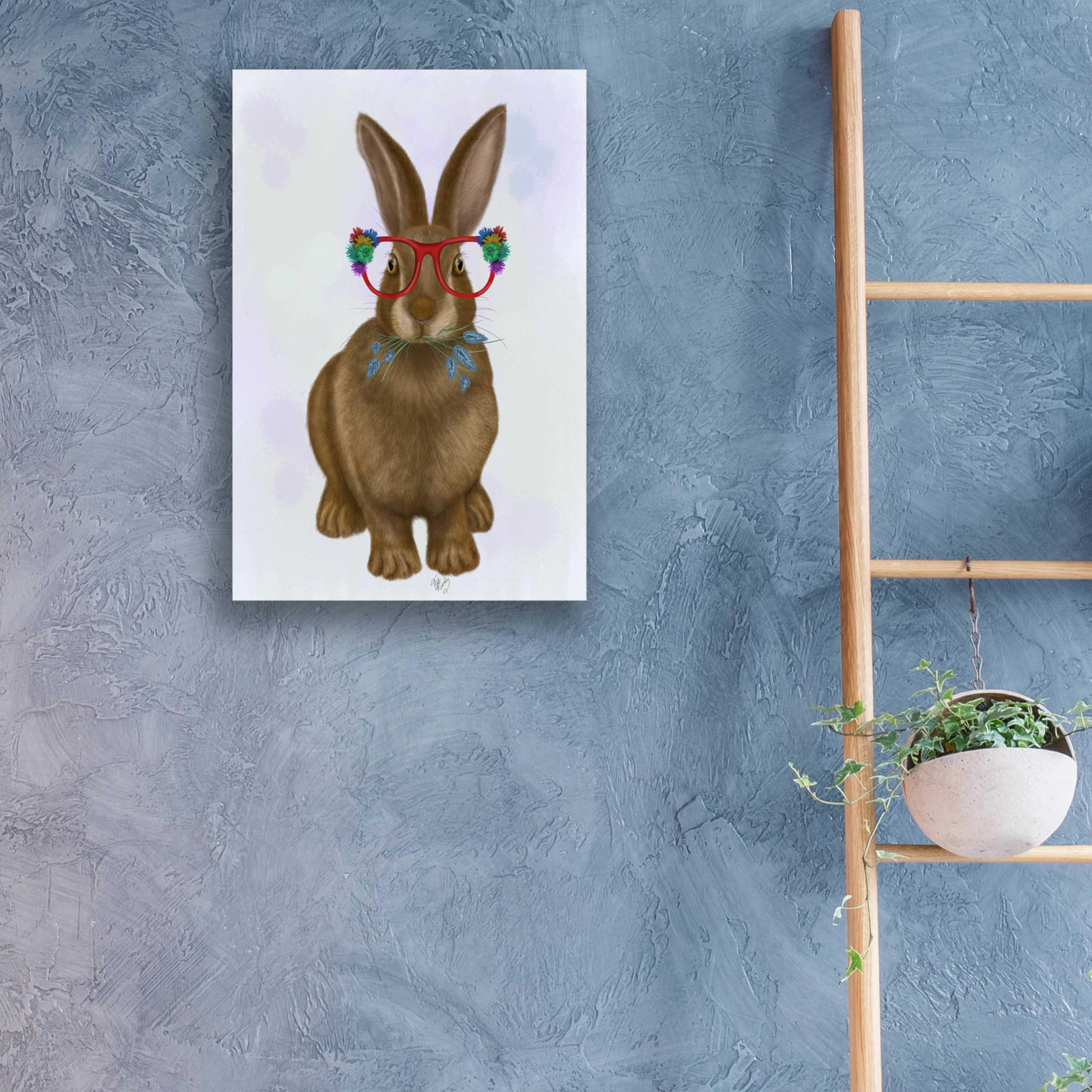 Fab Funky 'Rabbit and Flower Glasses' Acrylic Wall Art - 16x24 Inch Modern Home Decor for Living Room, Bedroom & Office