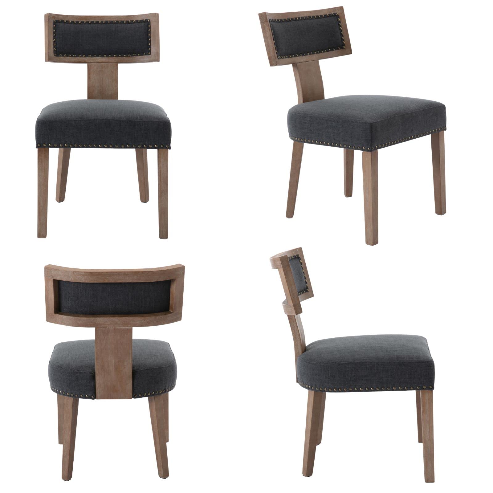 Mid Century Modern Dining Chairs Set of 4 - Farmhouse Style Linen Upholstered Accent Chairs with Curved Nailhead Trim & Hardwood Frame in Charcoal - Perfect for Kitchen, Dining Room, Breakfast Nook and Farmhouse Decor