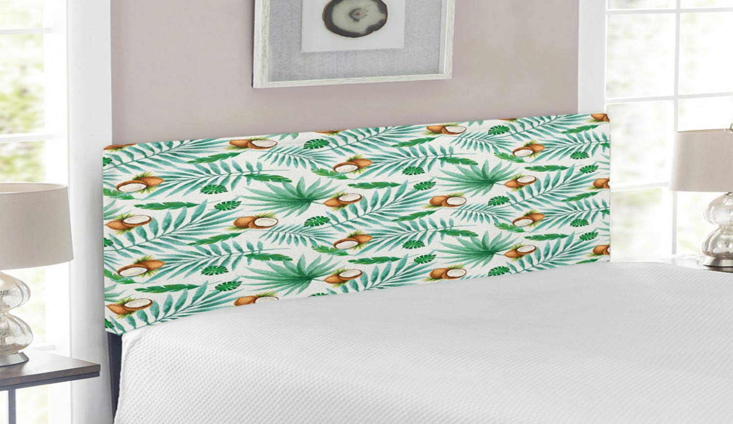Ambesonne Watercolor Headboard - Coconut Fruit & Palm Tree Leaves Design, Queen Size Upholstered Metal Bed Headboard with Memory Foam, Green Pale Brown | Tropical Bedroom Decor for Hawaii & Polynesian Style Homes