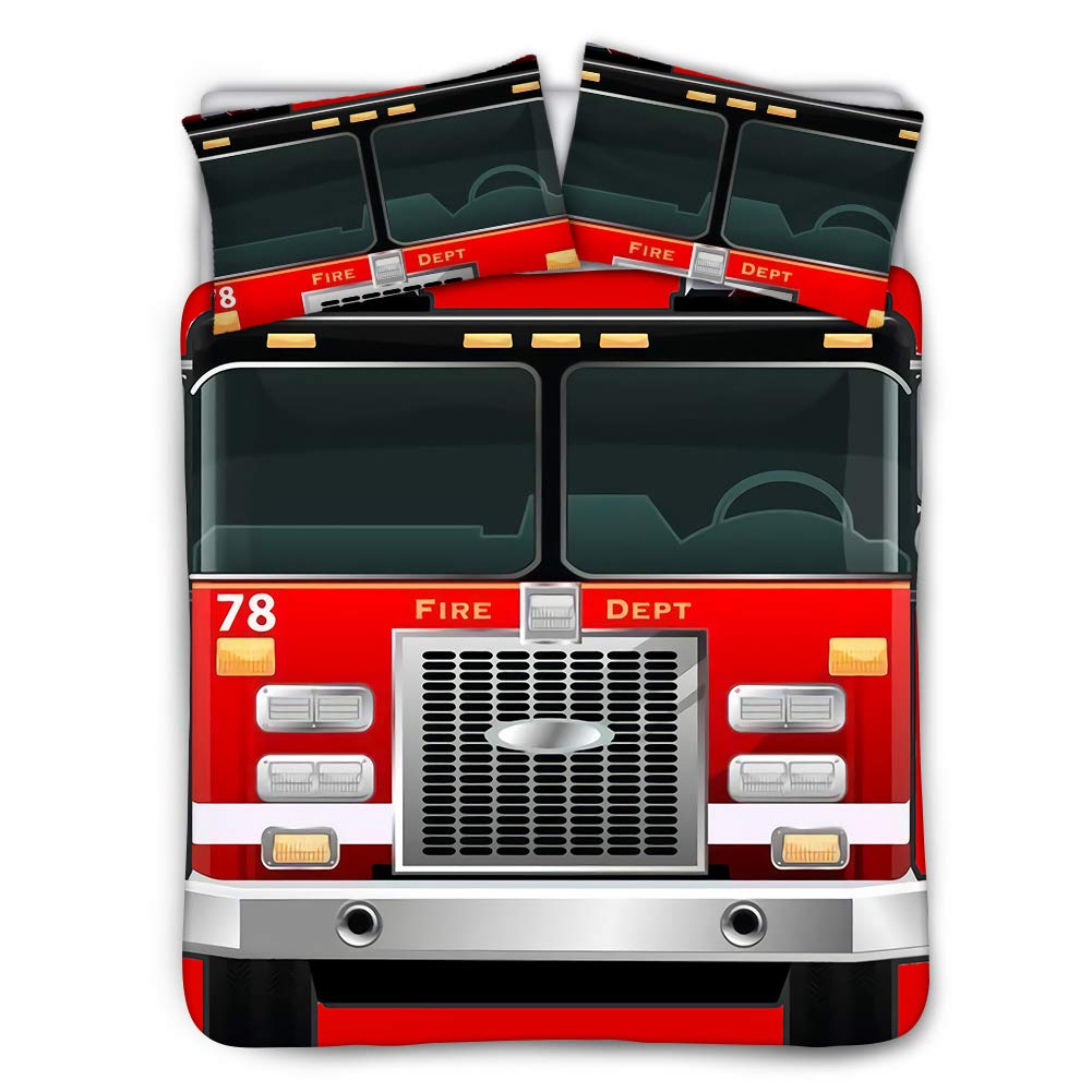 BIGCARJOB 3D Fire Truck Print Bedding Set - Ultra-Soft Quilted Comforter Cover with 2 Pillowcases (Twin Size 68x88 Inches) for Kids & Adults | Perfect for Themed Bedrooms, Sleepovers & Firefighter Enthusiasts