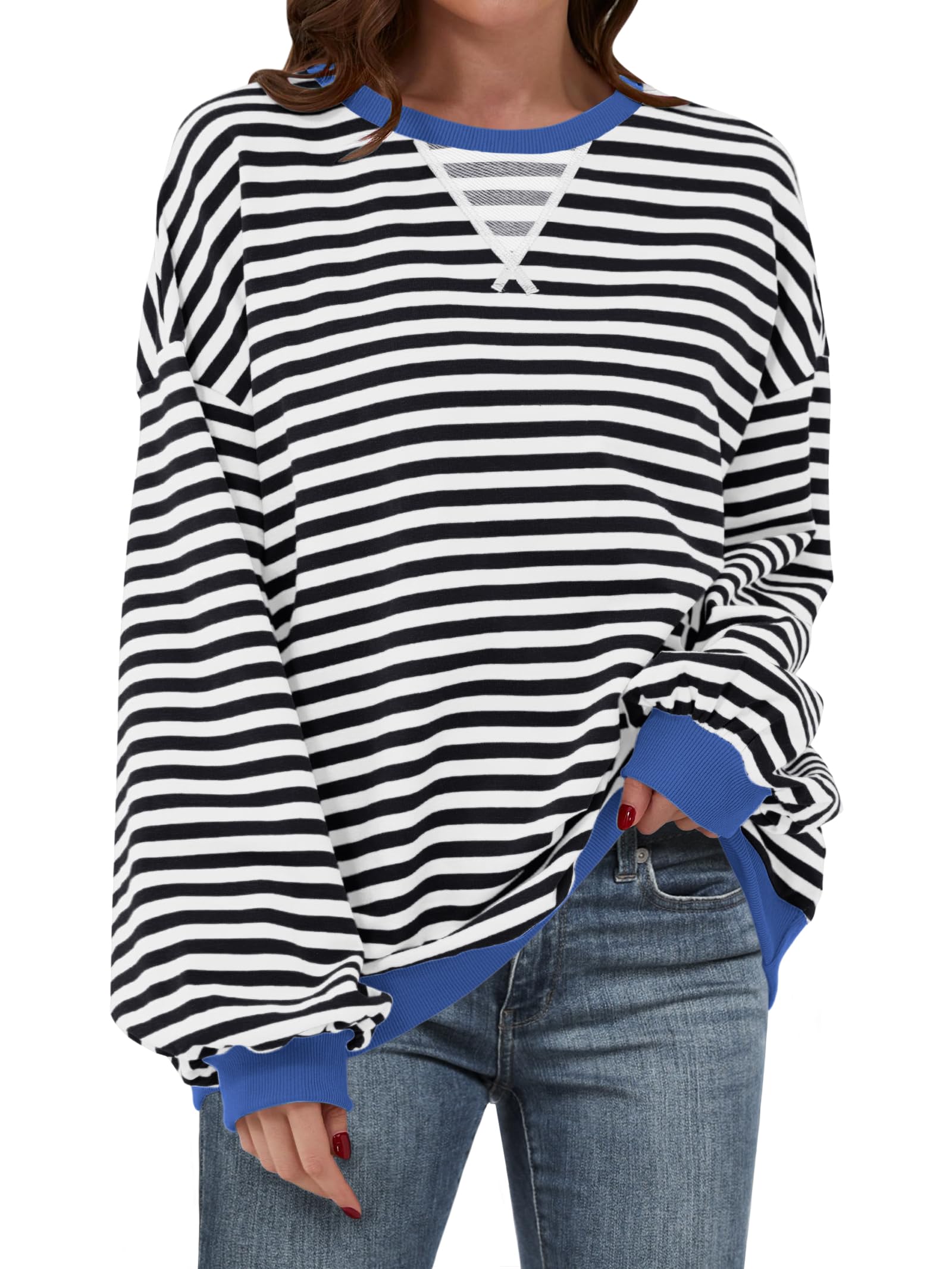 ANRABESS Women's Striped Oversized Sweatshirt - Long Sleeve Crewneck Pullover Sweater | Trendy Fall Fashion 2025 | Casual Outfit for Streetwear, Lounge & Coffee Dates
