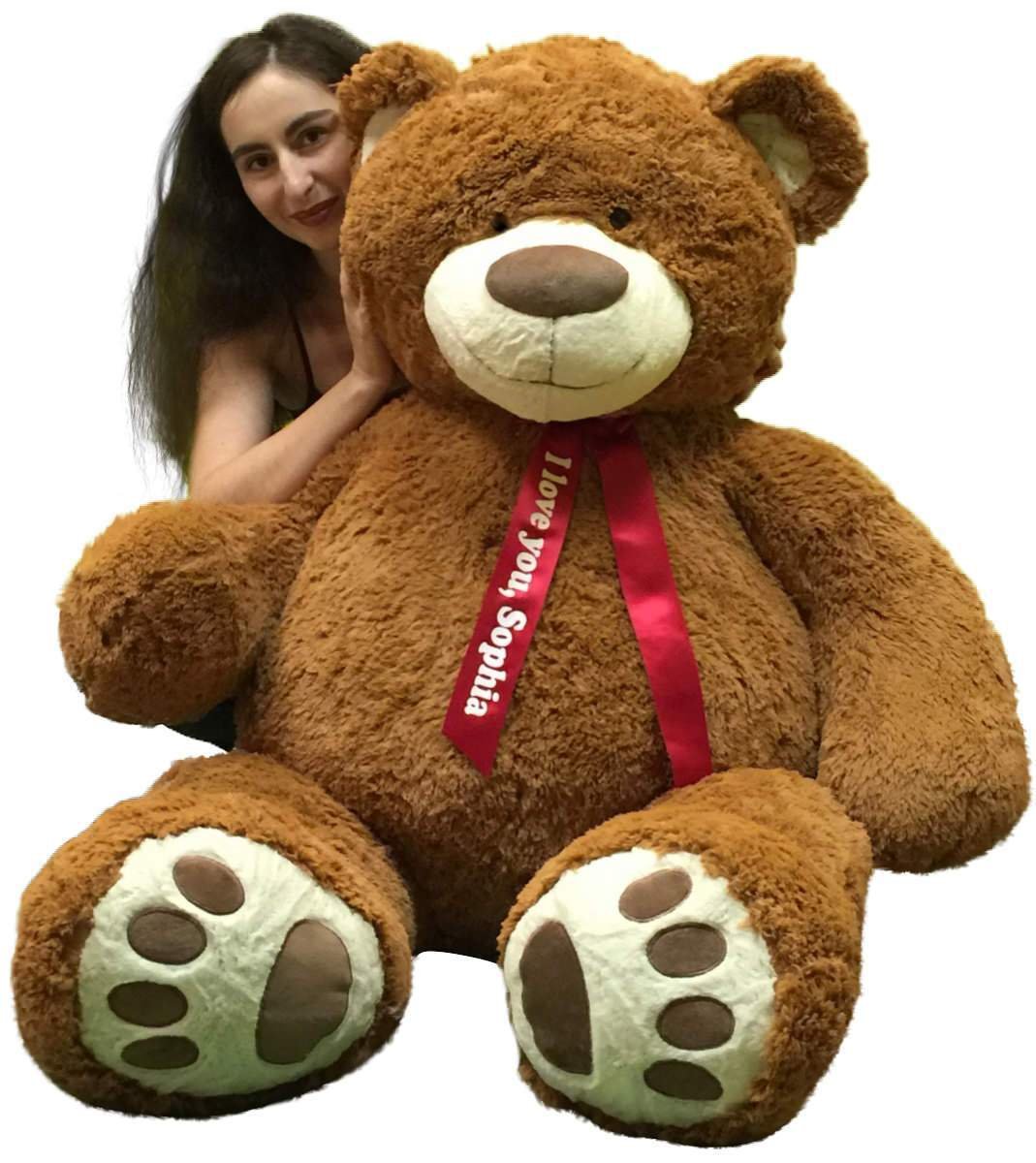 Custom Personalized 5 Foot Giant Teddy Bear with Name Engraving - Large Smiling Stuffed Animal with Ribbon Bow & Bigfoot Paws in Cookie Dough Brown - Perfect for Birthdays, Anniversaries, and Valentine's Day Gifts