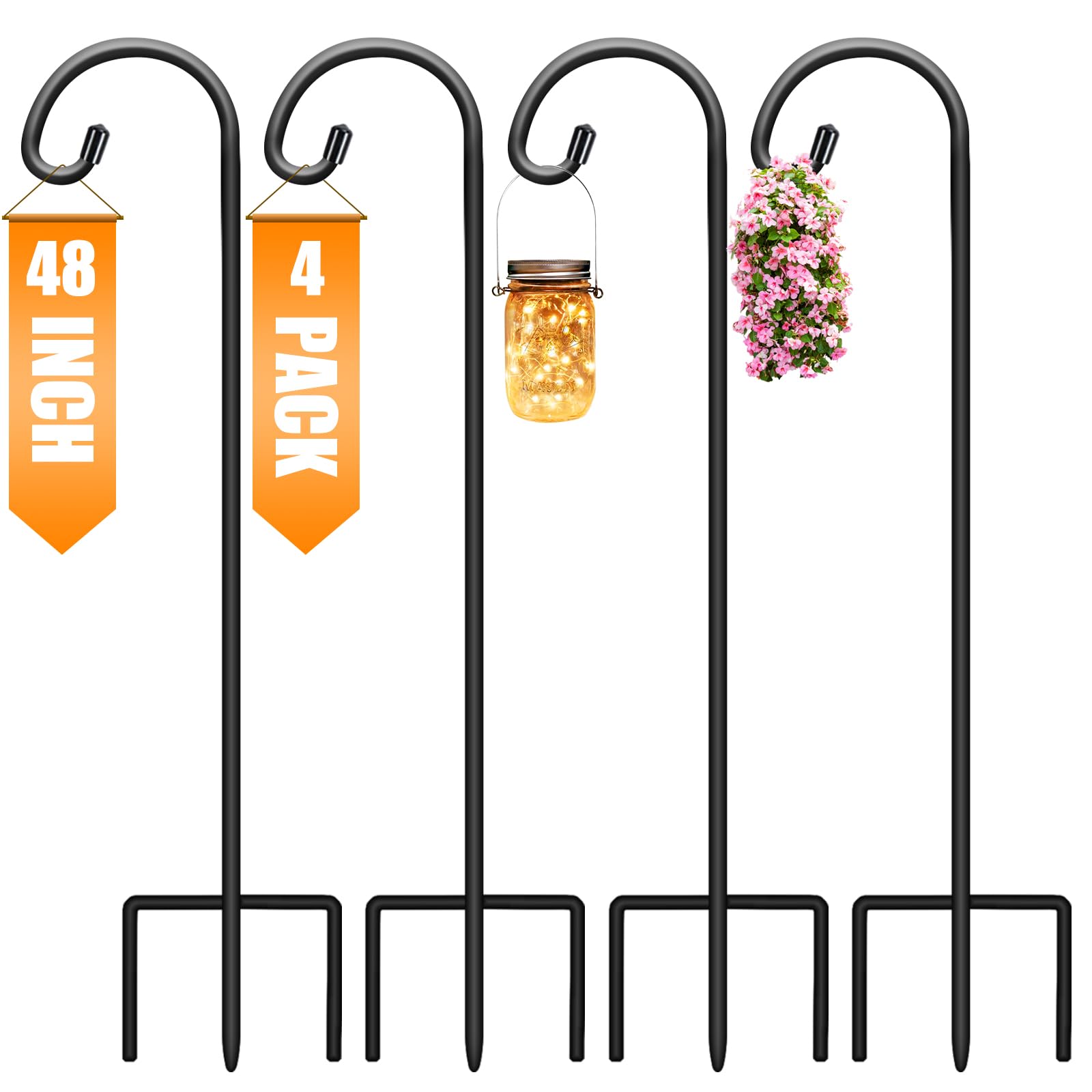 48 Inch Adjustable Shepherd Hooks for Outdoor - 4 Pack Matte Black Garden Hooks for Hanging Plants, Lanterns, Bird Feeders & Solar Lights - Perfect for Mason Jars, Wedding Decor & Backyard Landscaping
