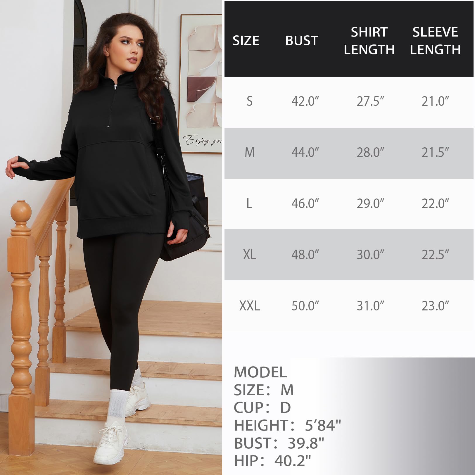 Bhome Maternity Sweatshirt - Half Zip Active Maternity Shirt with Thumbholes & Pockets - Long Sleeve Pullover for Pregnancy Comfort - Perfect for Yoga, Walking & Everyday Wear