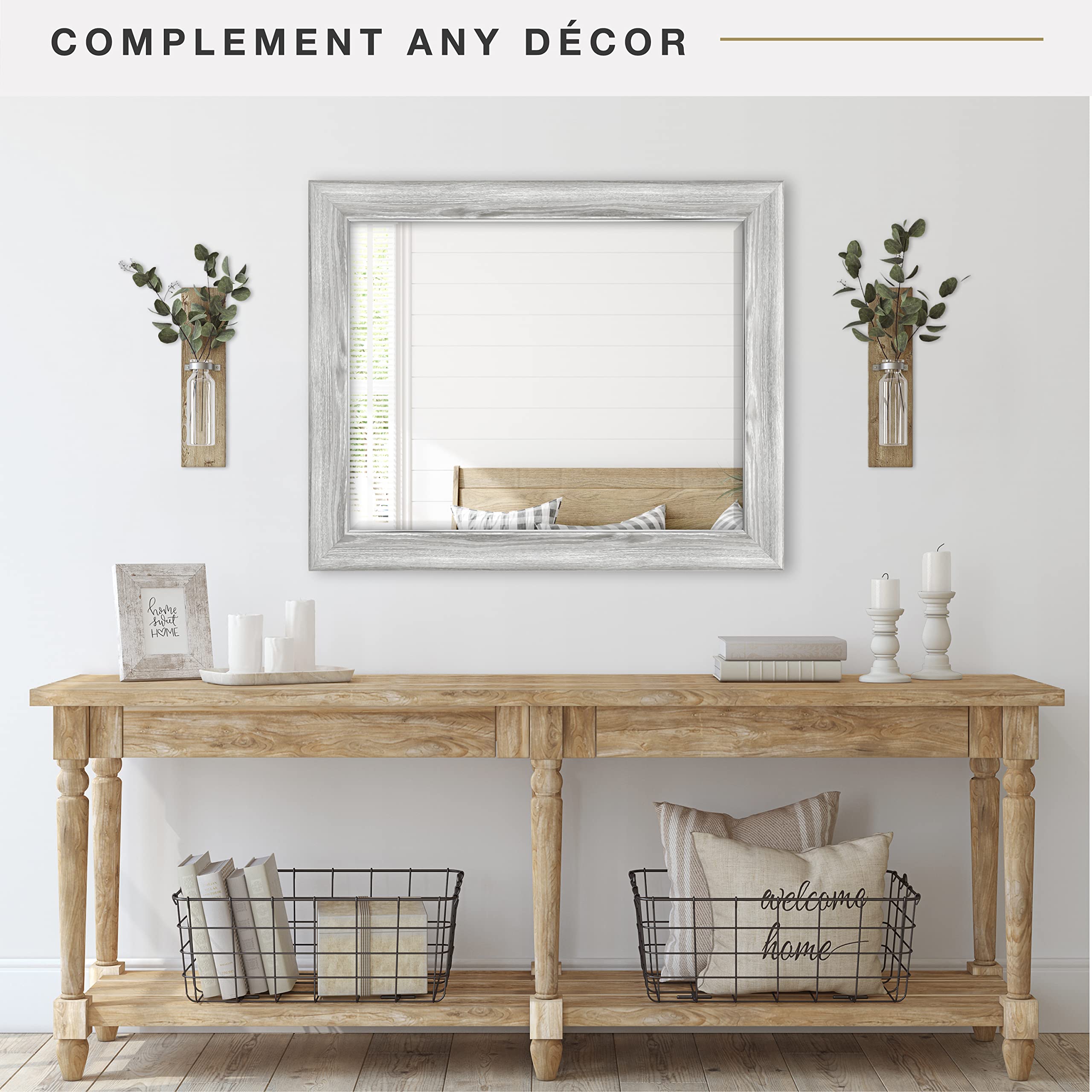 27.5x33.5 Inch Large Wall Mirror with White Woodgrain Frame & Beveled Edge - Full Length Vertical/Horizontal Hanging Mirror for Bathroom, Bedroom, Living Room Decor & Vanity Dressing