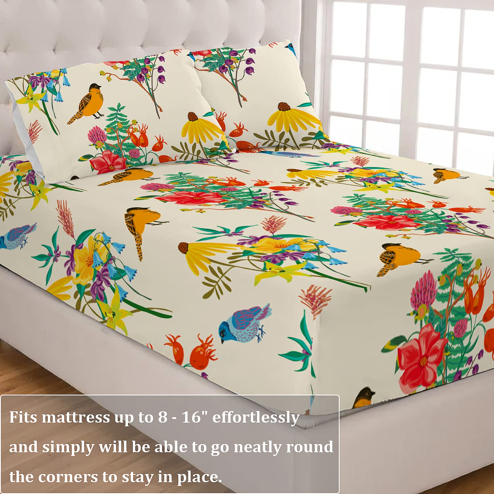 Floral Queen Bed Sheets Set - Cream Botanical Branches & Birds Pattern, 4-Piece Deep Pocket Sheets with 2 Pillowcases, Ultra Soft Cotton for Cozy Bedroom Decor | Perfect for Master Bedroom, Guest Room & Dorm