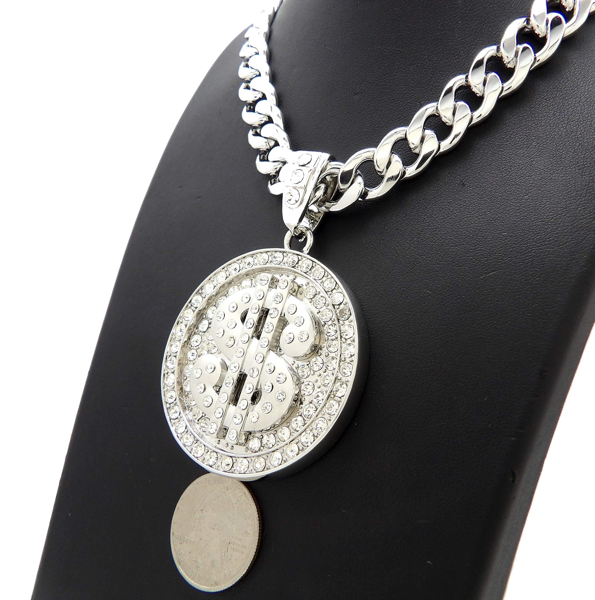 Hip Hop Rhinestone Dollar Sign Pendant with Cuban Chain - Silver Tone for Men's Jewelry & Streetwear