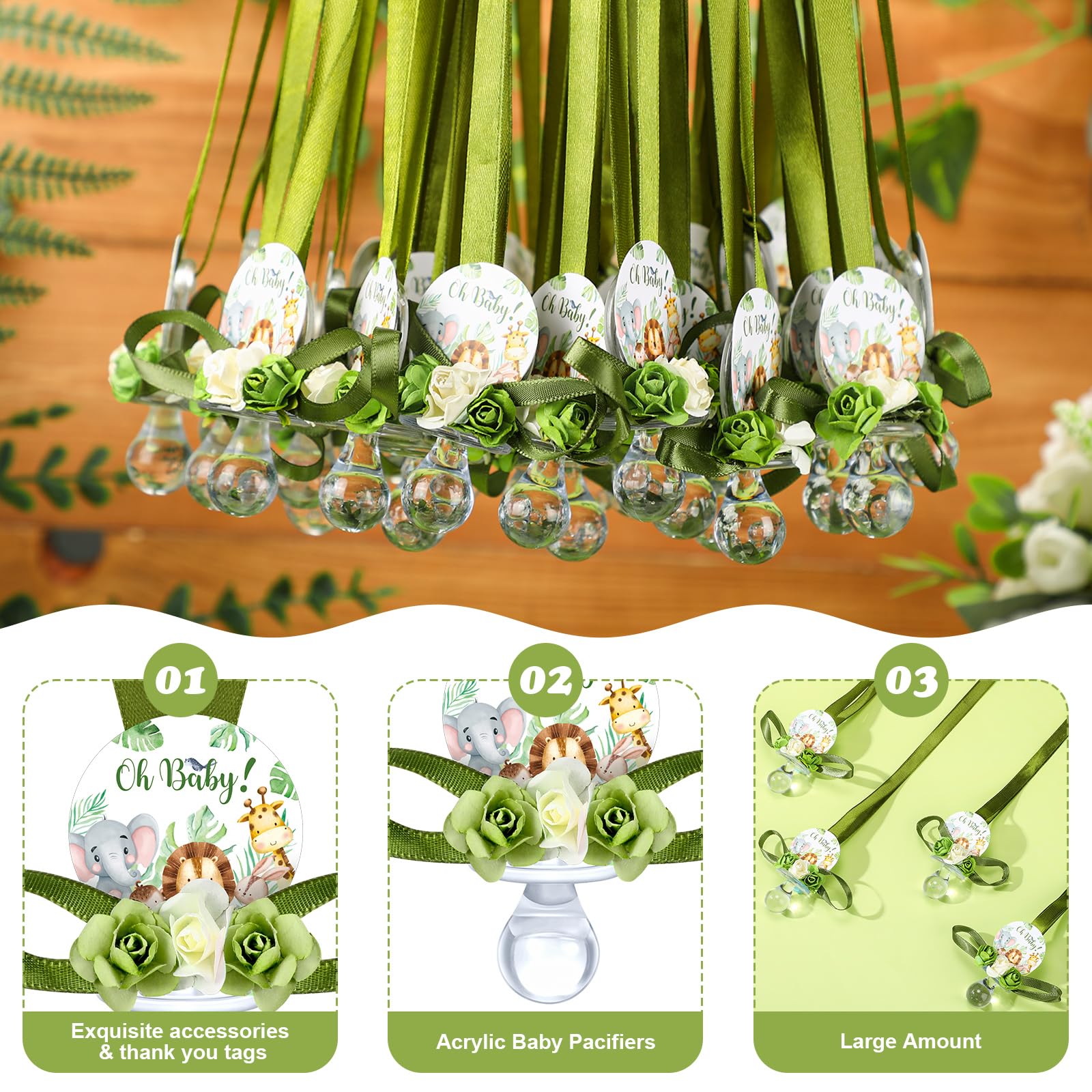 Quelay 60 Pcs Baby Shower Pacifier Necklace Set - Cute Jungle Animal Acrylic Pacifiers with Floral Designs for Baby Shower Decorations, Party Favors & Table Centerpieces - Perfect for Baby Showers, Gender Reveals & Newborn Celebrations