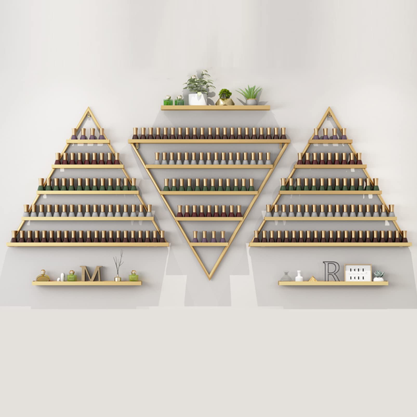 Wall Mounted Triangle Nail Polish Rack & Perfume Organizer - Metal Essential Oil Display Shelf for Home Salon, Spa & Business - Perfect for Cosmetics Bottles Storage, Spice Rack & Bathroom Organization (Ideal for Small Space Decor & Vanity Display)