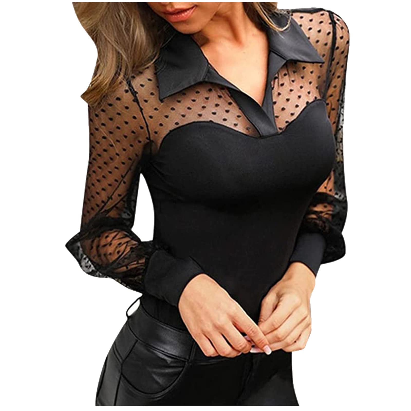 Sexy Black Mesh Sheer Long Sleeve Blouse for Women - Slim Fit Office & Holiday Tops - Perfect for Work, Party & Date Night Outfits