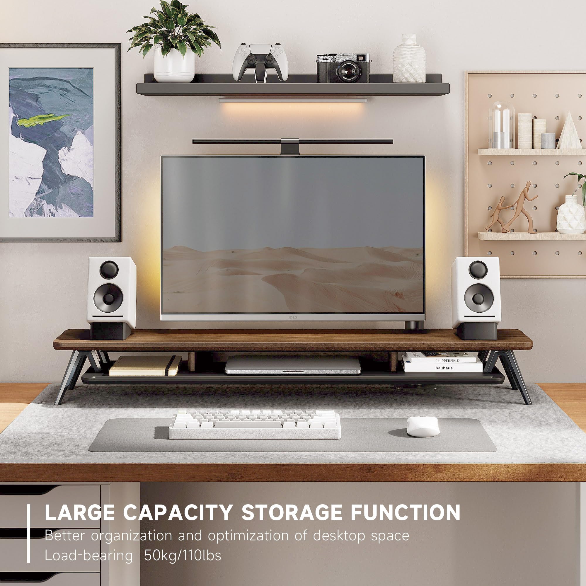 Fenge 108 cm Large Wooden Monitor Stand with 2 Adjustable Height Levels – Heavy Duty Computer Monitor Riser for PC, Laptop, TV & Printer – Supports Up to 50kg – Brown Wood Desktop Organizer – Perfect for Home Office & Gaming Setup