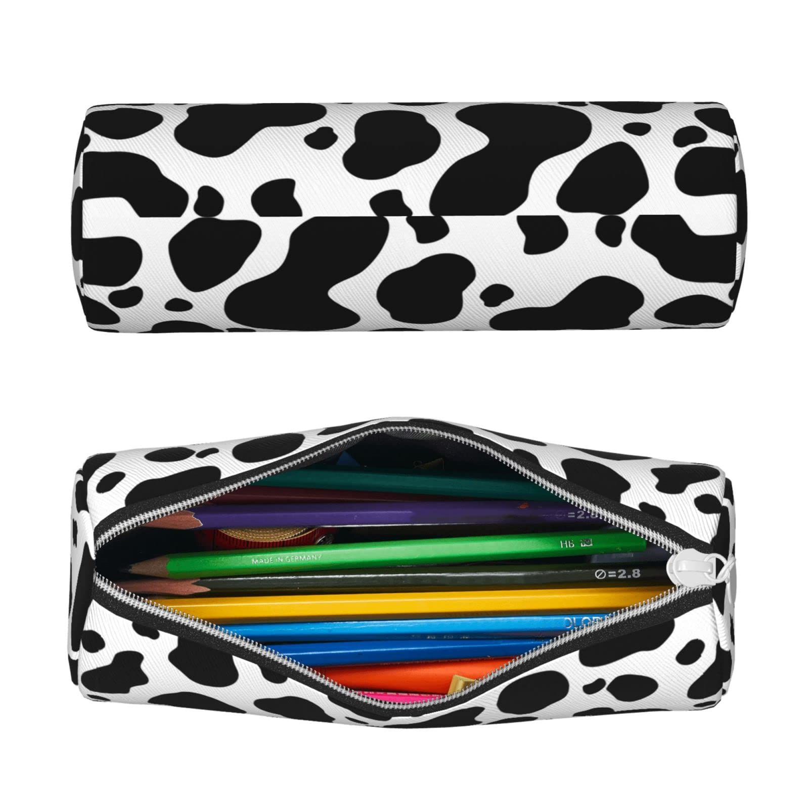 Genuine Cowhide Leather Pencil Case with Milk Print - Zippered Pen Organizer, Makeup Pouch & Stationery Bag for School, Office & Travel - Perfect for Students, Professionals & Daily Essentials Storage