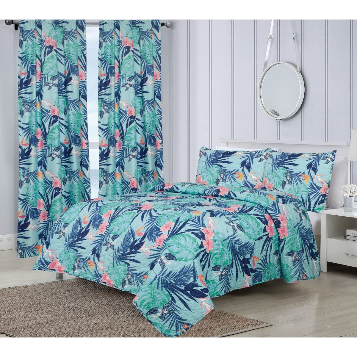 Aubrie Home Accents King Size Tropical Monstera Palm Leaf 3-Piece Quilt Bedding Set with Pillow Shams - Teal Pink Green Botanical Print - Perfect for Beach House, Boho Bedroom & Summer Home Decor