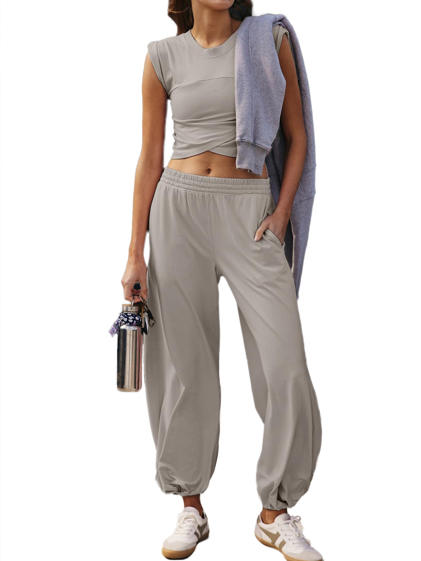 Glamaker Women's 2 Piece Athletic Set - Sleeveless Cropped Top & High Waist Sweatpants Joggers Tracksuit for Workout, Yoga, Running & Casual Wear