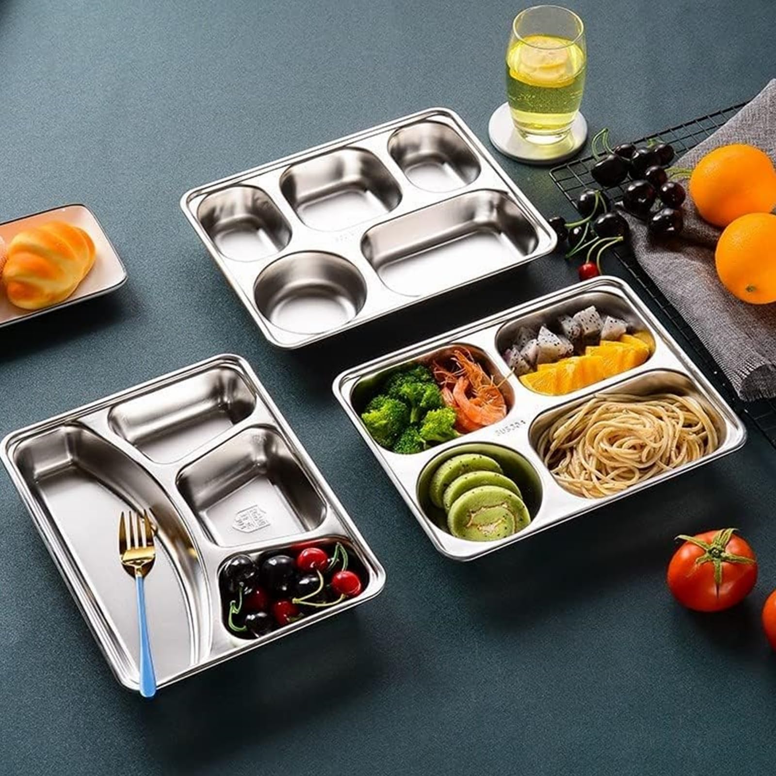 Tebery 3-Pack Stainless Steel Divided Plates with 5 Sections - Durable Rectangular Meal Trays for Adults & Kids | Perfect for Picky Eaters, Portion Control, Camping, School Lunches & Family Dinners