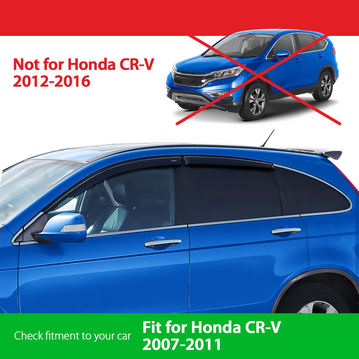 Goodyear Shatterproof Side Window Deflectors for Honda CR-V (CRV) 2007-2011 - 4pc Tape-on Rain Guards & Vent Visors - Car Window Deflectors for Weather Protection & Improved Airflow - Perfect for Rainy Days & Highway Driving