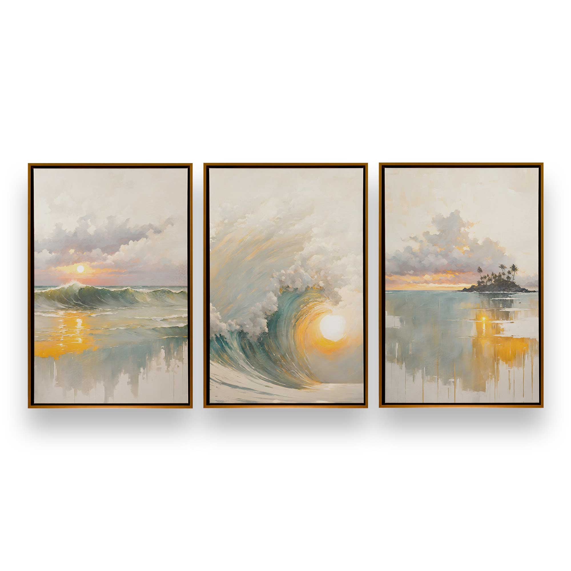 Golden Waves at Sunset - Set of 3 Canvas Wall Art Prints for Living Room, Bedroom & Office Decor | Coastal Beach Theme Home Decoration