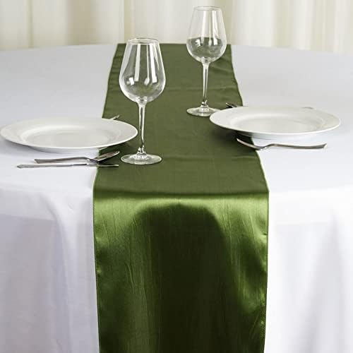 10-Piece 12 x 108 Inch Long Charmeuse Satin Table Runners - Bright Shiny Satin Silk Fabric for Wedding, Birthday Party, Baby Shower & Banquet Decor - Olive Green - Elegant Table Setting & Home Decor Accessories