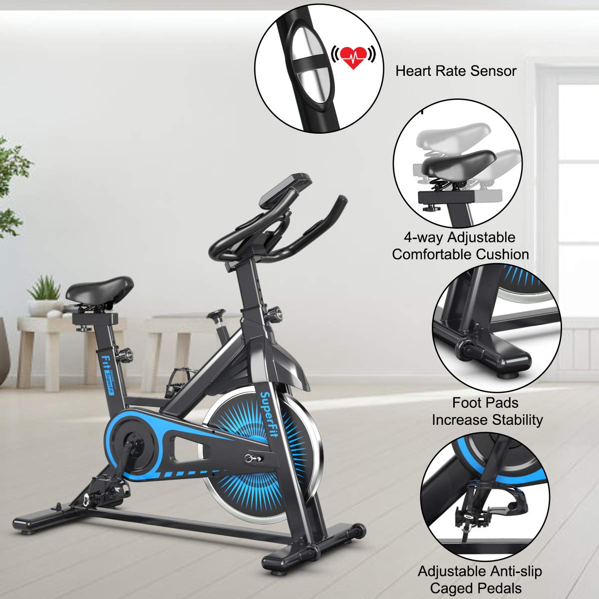 Goplus Indoor Cycling Bike - Silent Belt Drive Exercise Bike with Steel Flywheel, Adjustable Seat & Handlebar, LCD & Heart Rate Monitor - Perfect for Home Gym, Cardio Workout & Weight Loss Training
