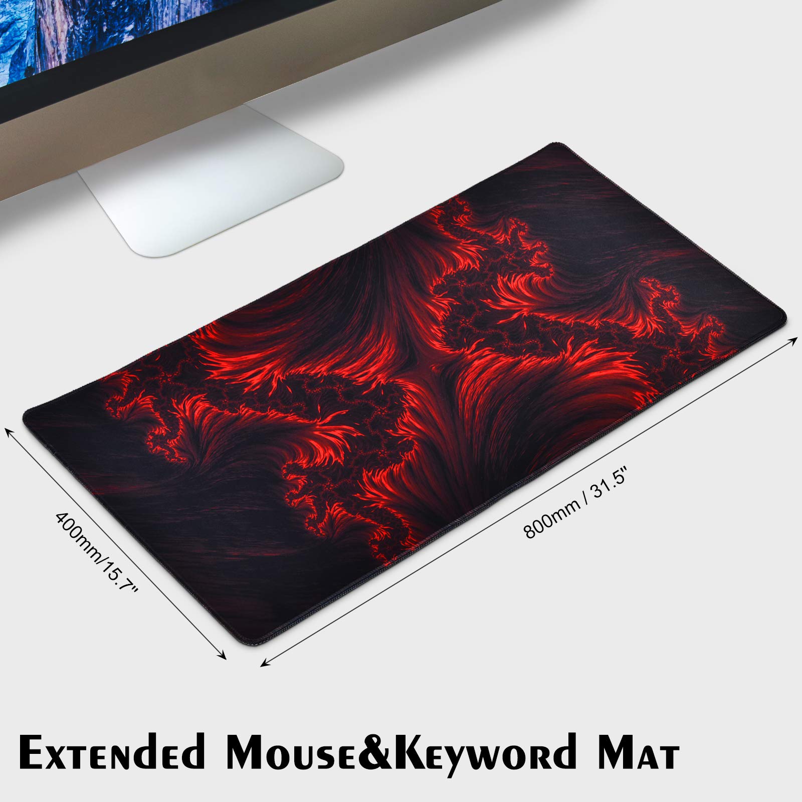 Large Gaming Mouse Pad 31.5×15.75 Inches - Non-Slip Extended Keyboard Mouse Mat with Flame Pattern (Black Red) for PC, Laptop, Office & Esports Gaming