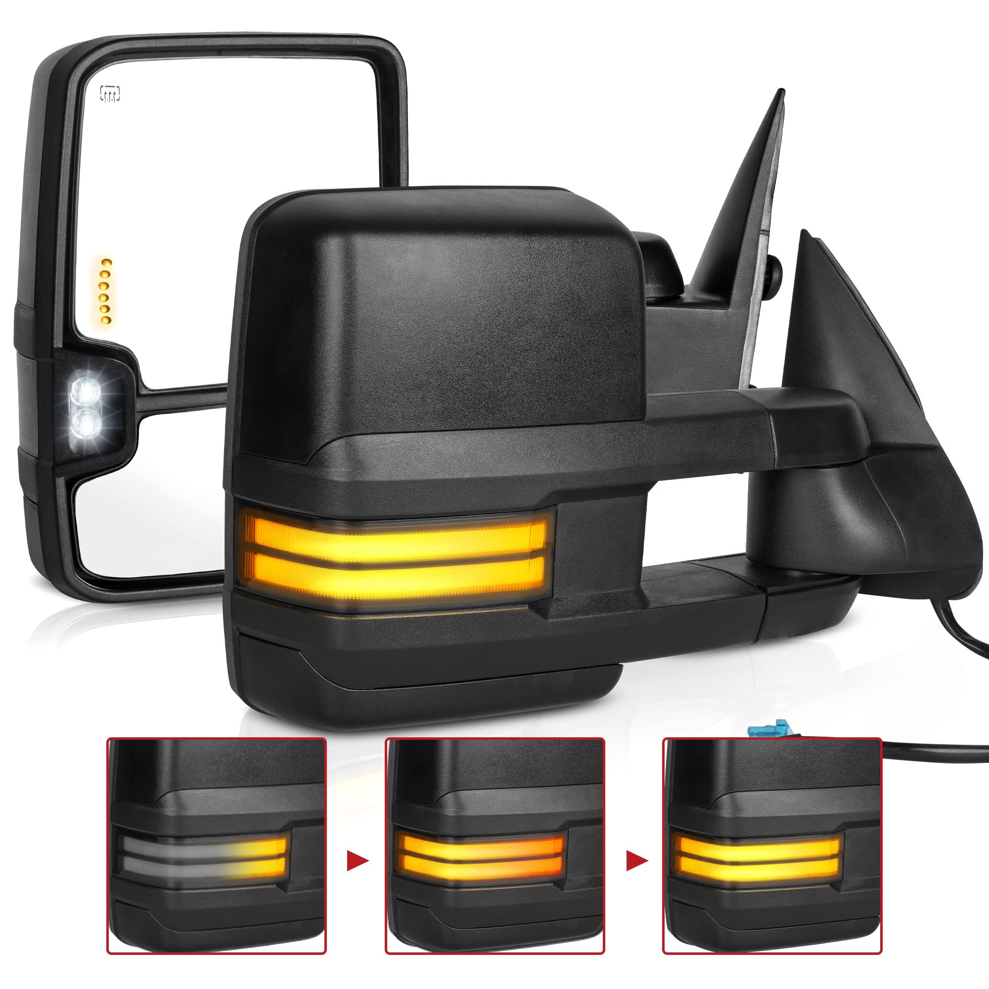 YITAMOTOR Power Heated LED Towing Mirrors for 2003-2006 Chevy Silverado GMC Sierra 1500/2500/3500 & 03-06 Tahoe Suburban Yukon - Dynamic Turn Signal Lights, Black Mirror Pair - Perfect for Towing, Off-Roading & Night Driving